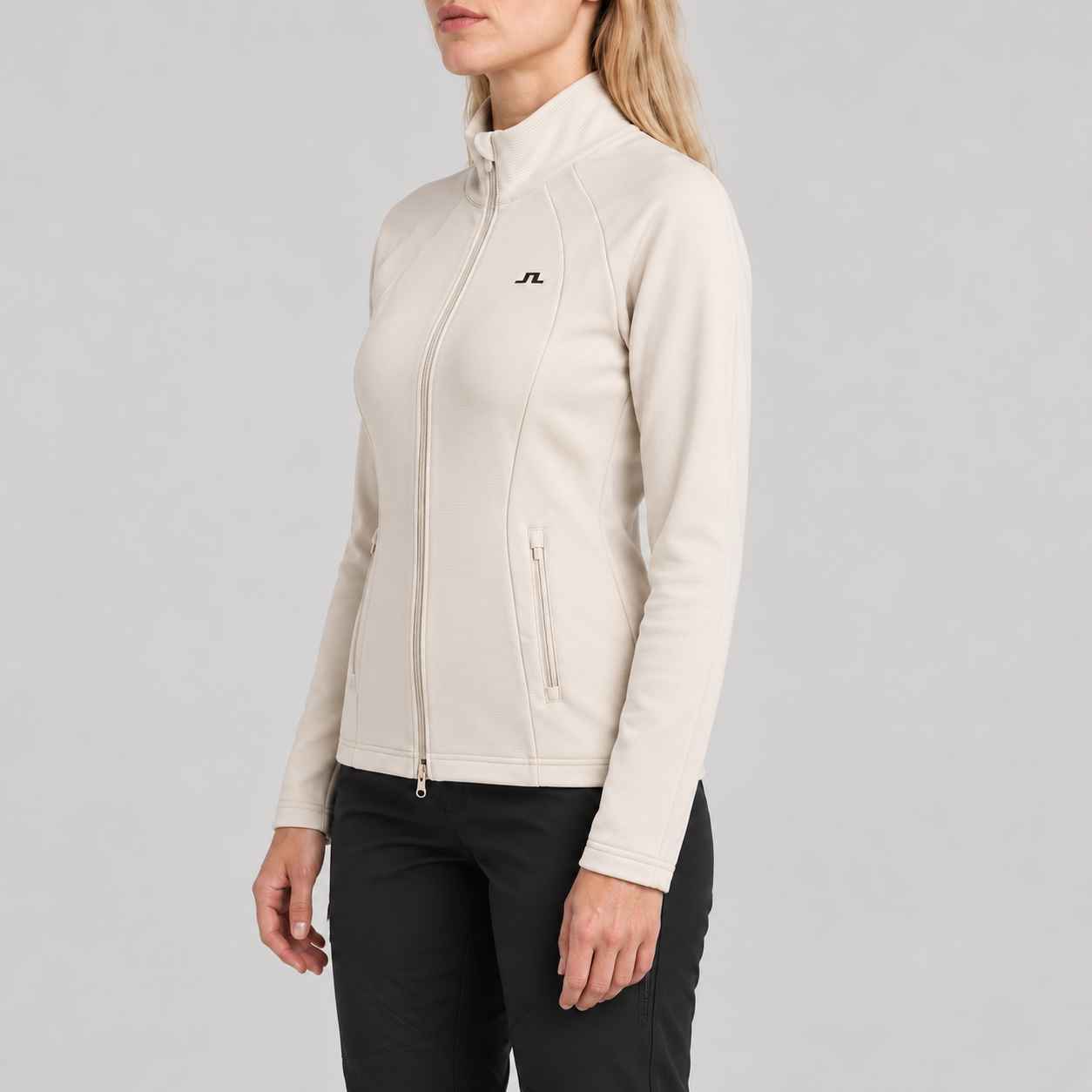 J Lindeberg Mireya Full Zip Mid Layer in Moonbeam, model side
