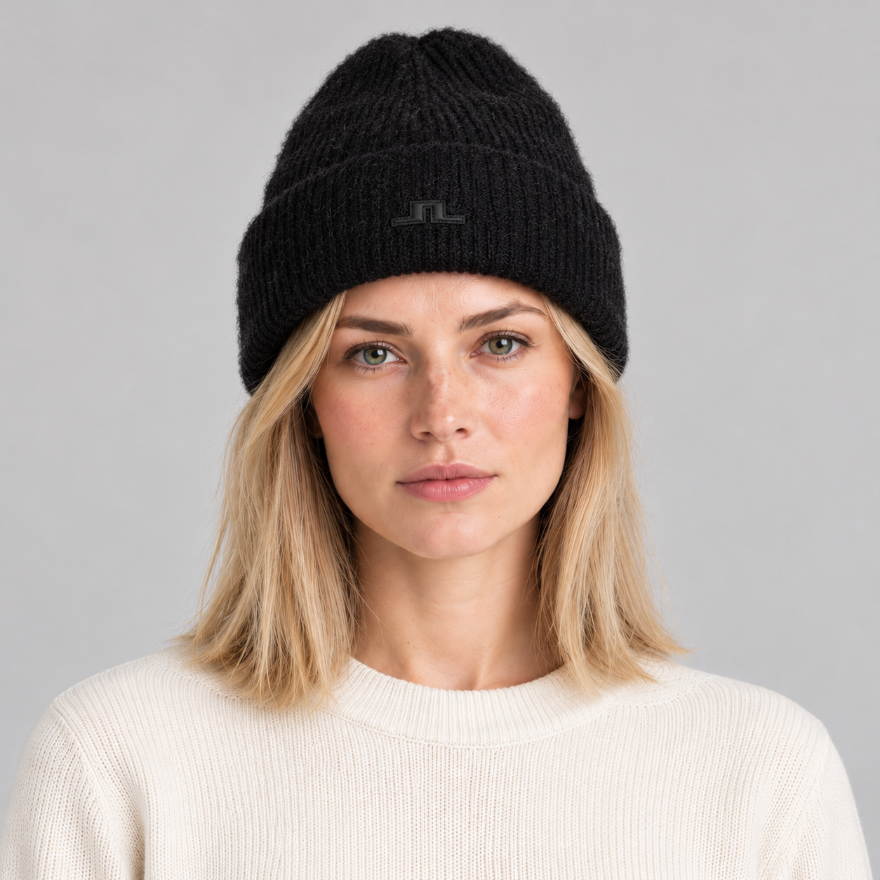 J Lindeberg Monta Beanie in Black, female model, front view