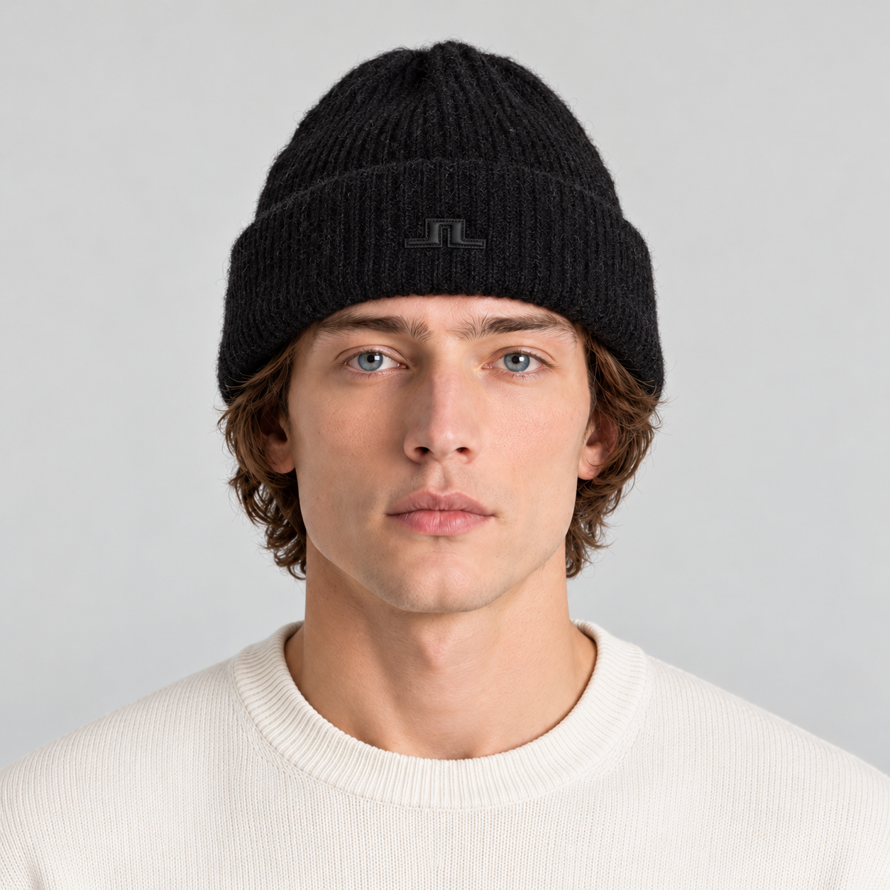 J Lindeberg Monta Beanie in Black, male model, front view