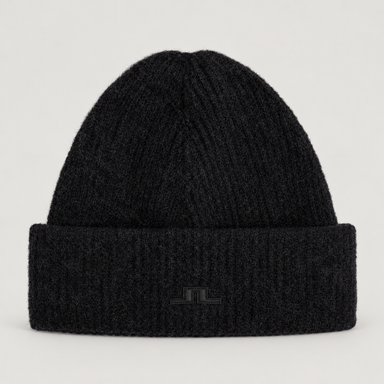 J Lindeberg Monta Beanie in Black, front view on a warm grey background
