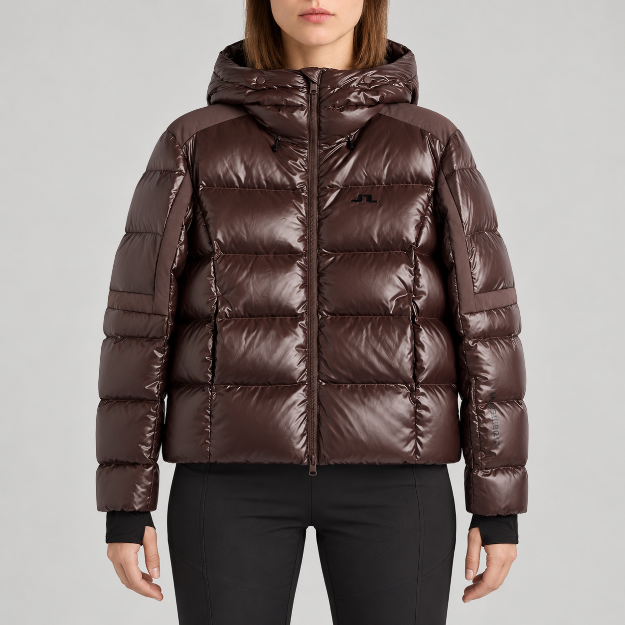 J Lindeberg Nerina Ski Jacket in Seal Brown, model front
