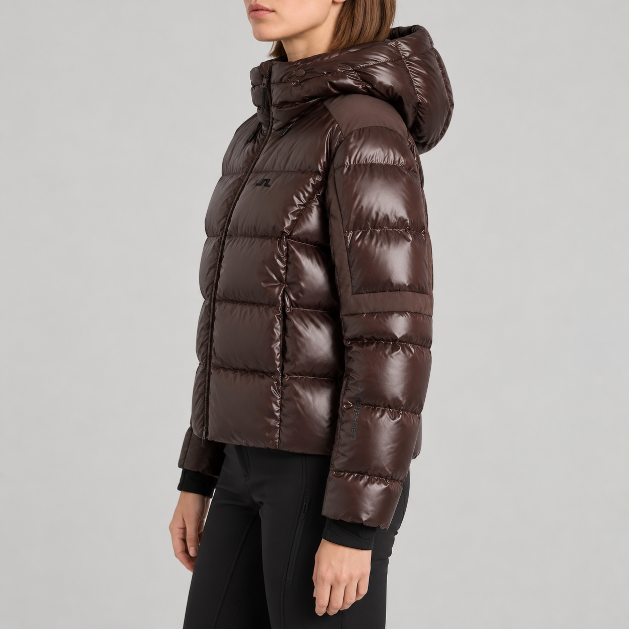 J Lindeberg Nerina Ski Jacket in Seal Brown, model side