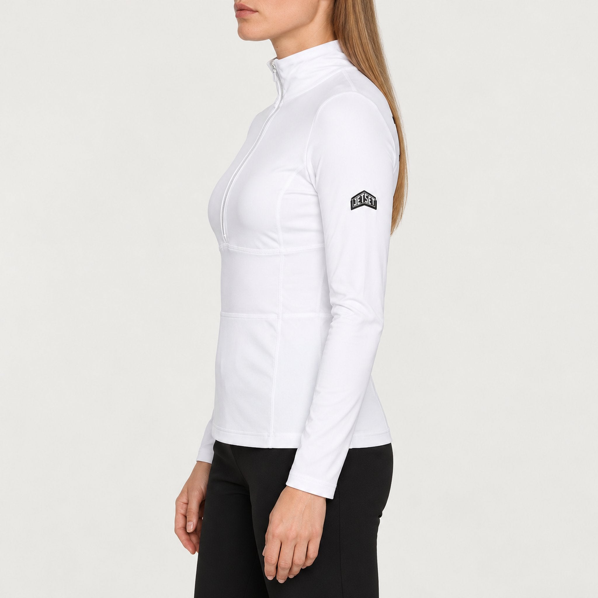 Jetset women's Ginger Half Zip Baselayer in White — model side