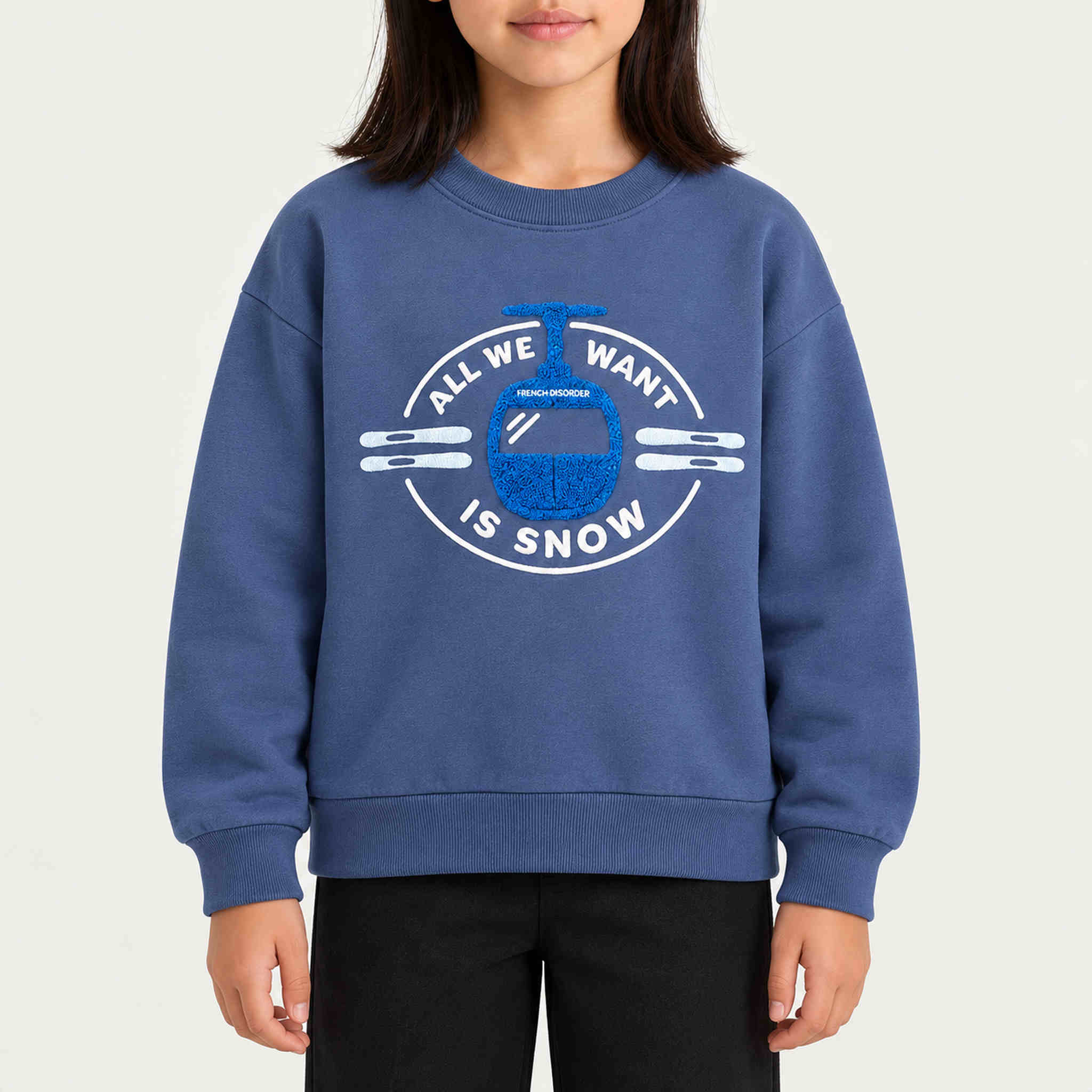 French Disorder kids All We Want Sweater in Coastal Fjord - model front | London Ski Co
