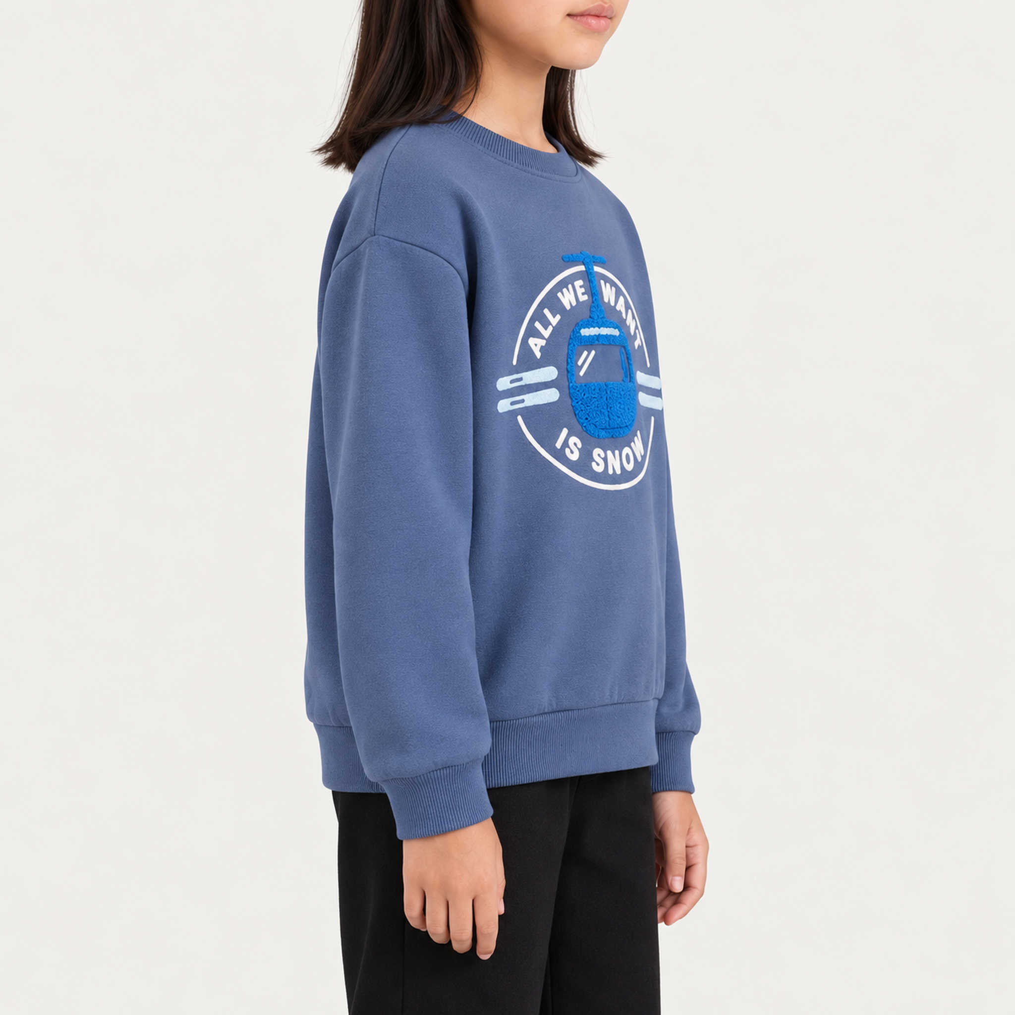 French Disorder kids All We Want Sweater in Coastal Fjord - model side | London Ski Co