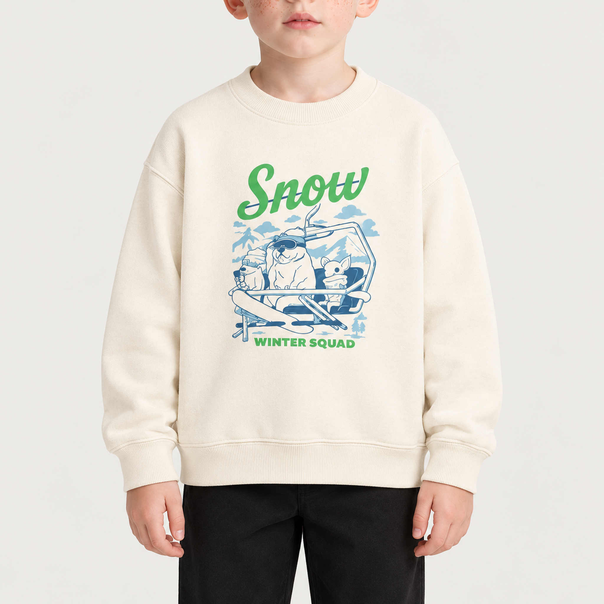 French Disorder kids Winter Squad Sweater in Coconut - model front | London Ski Co