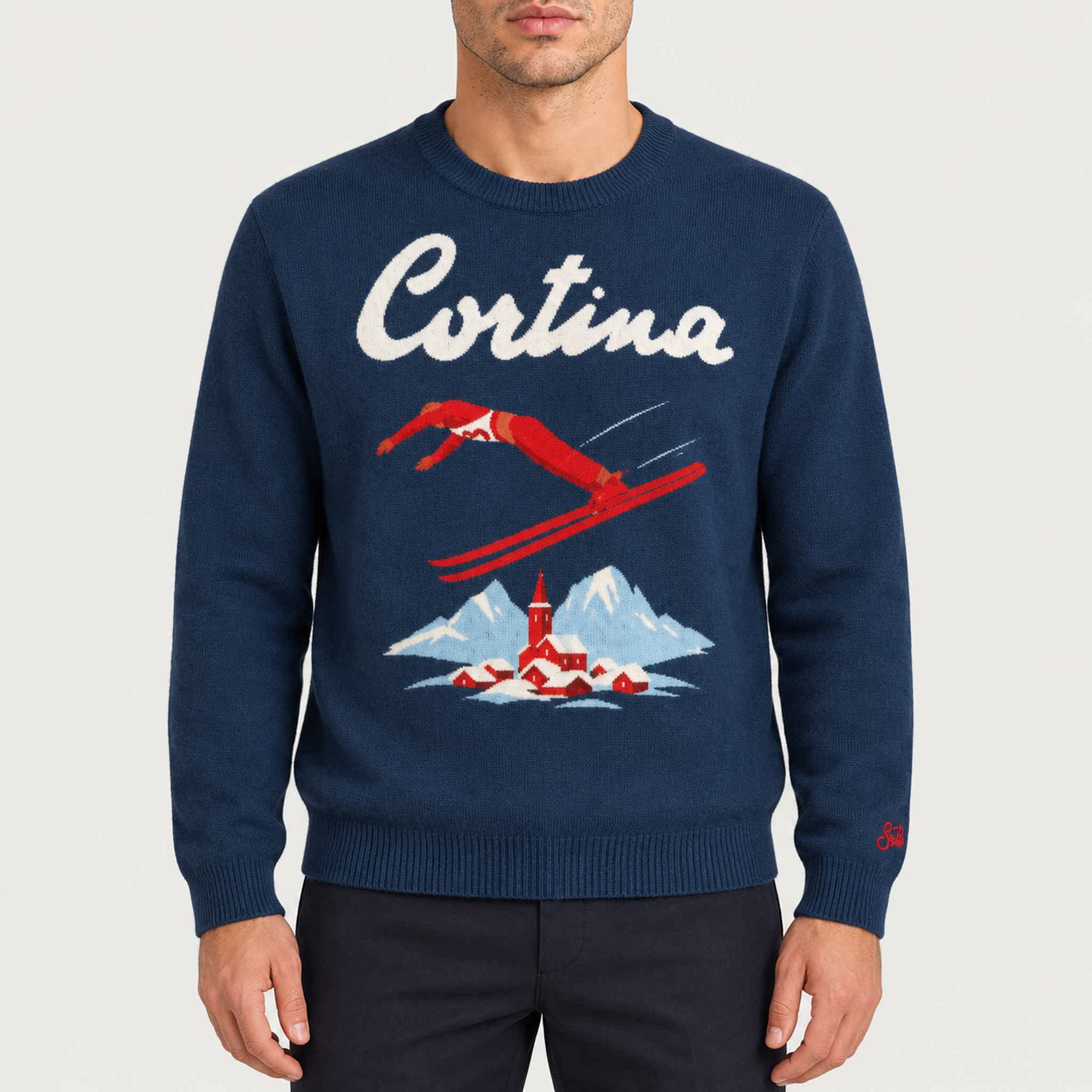 MC2 Saint Barth mens cortina ski jump sweater in navy - model front