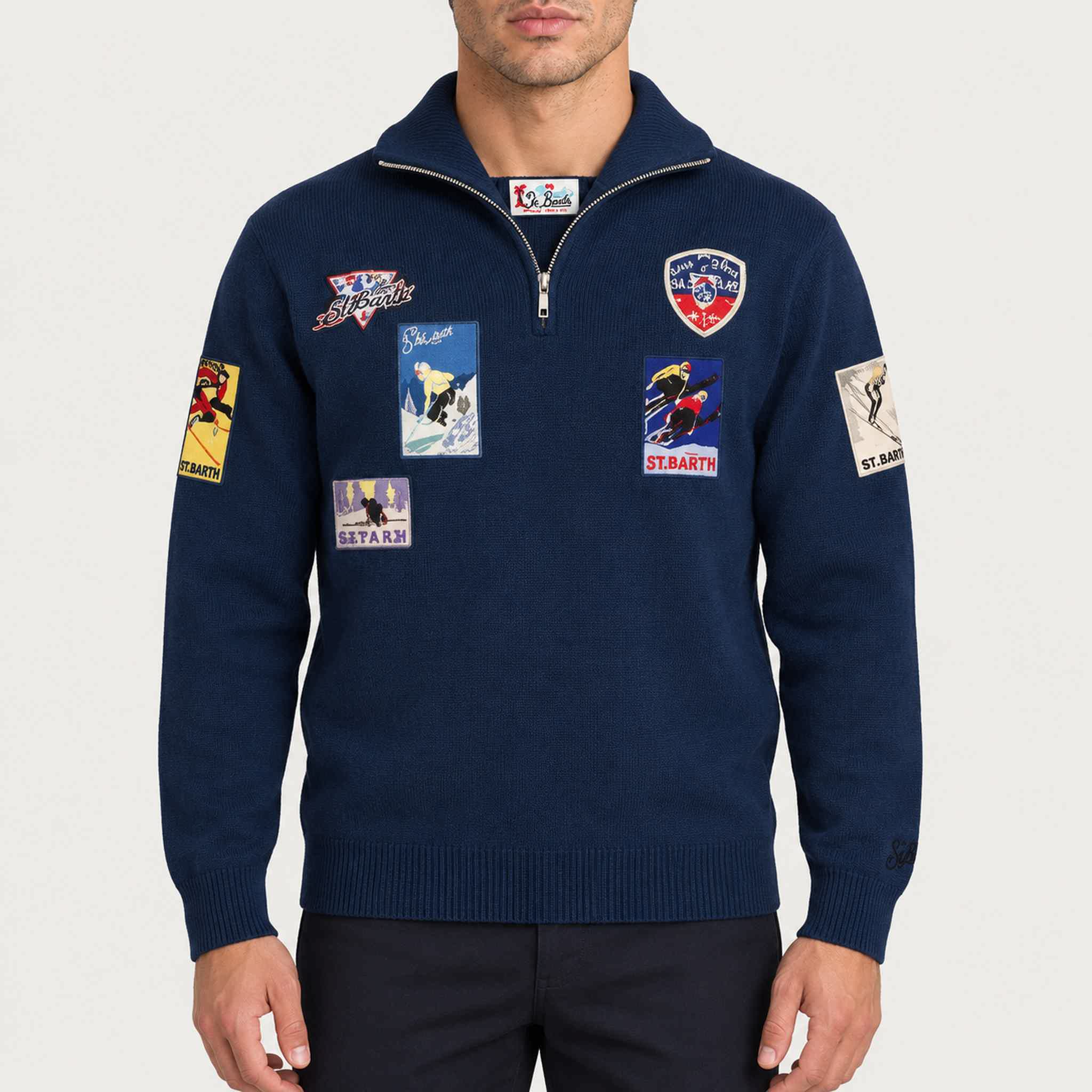 MC2 Saint Barth mens ski patch sweater in navy - model front