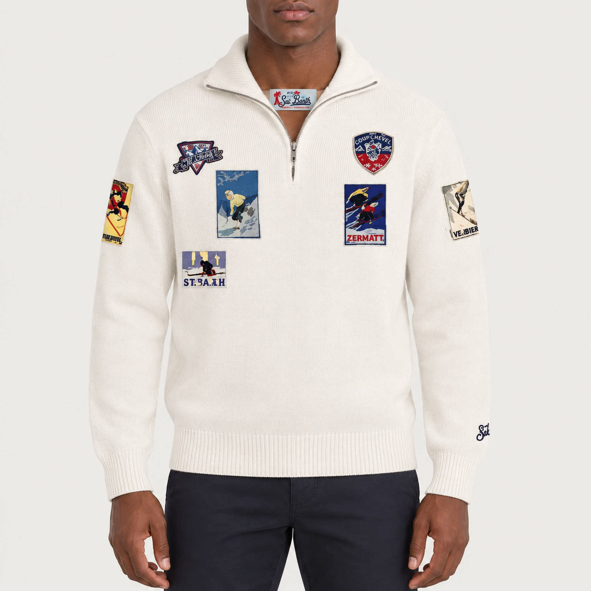 MC2 Saint Barth mens ski patch sweater in white - model front
