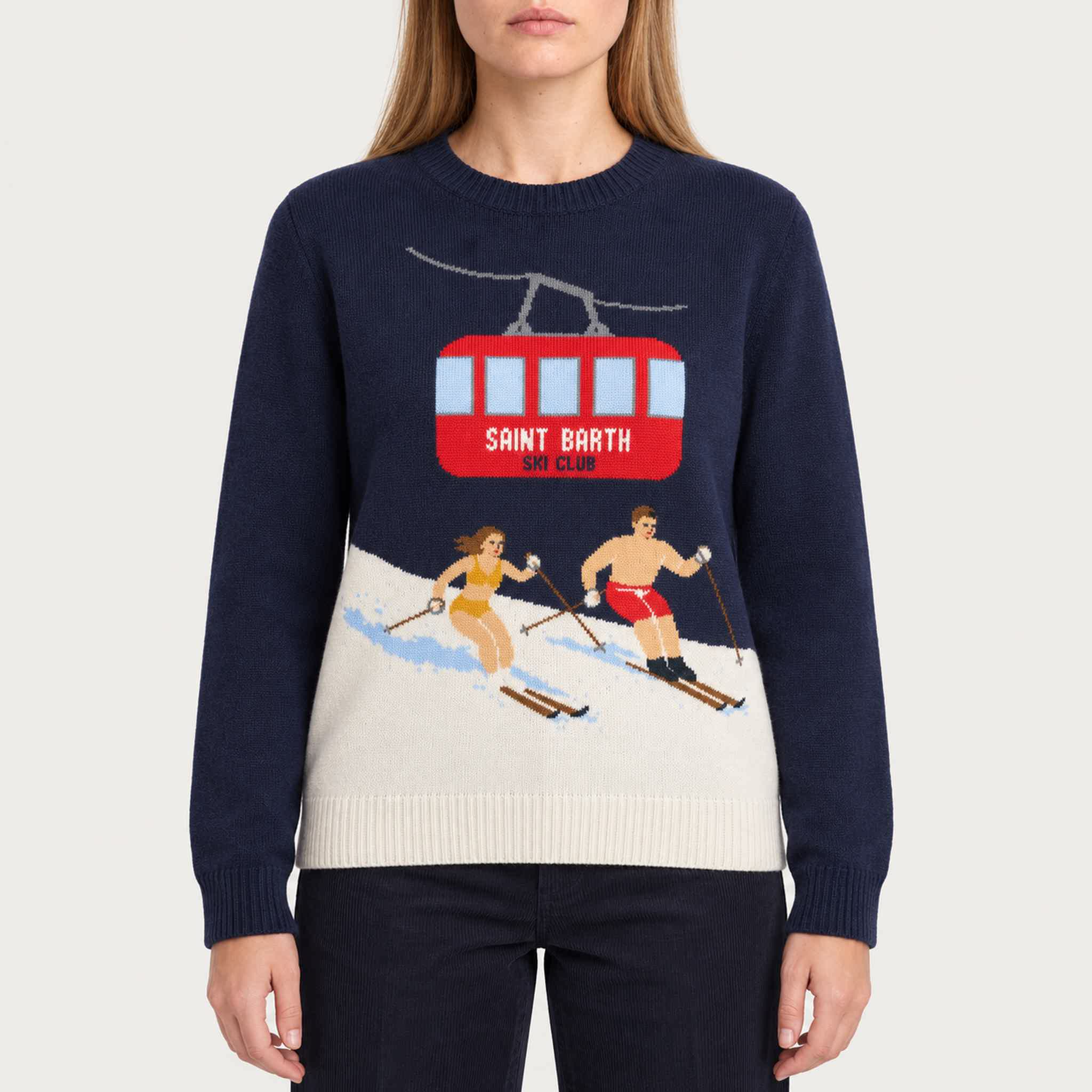 MC2 Saint Barth womens cable ski couple sweater in navy - model front