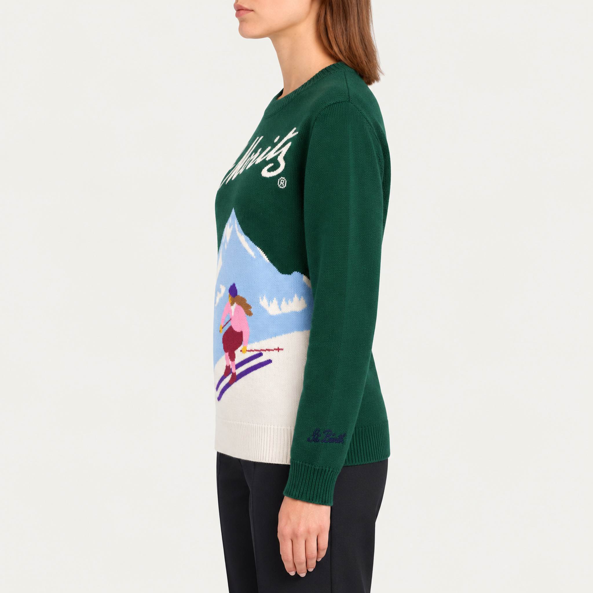 MC2 Saint Barth women's St Moritz Skier Sweater, model side.