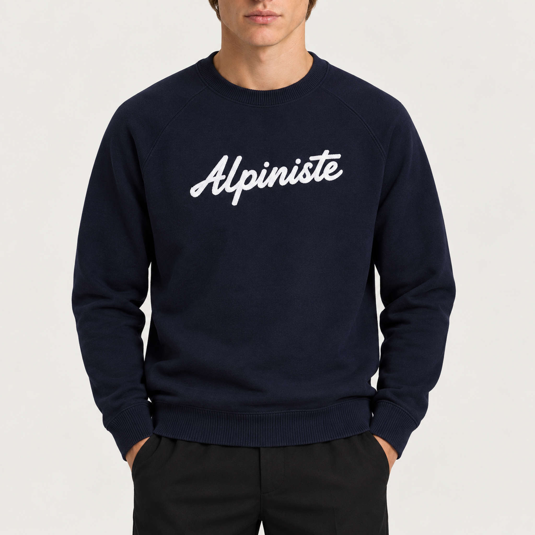 French Disorder men Alpiniste Sweater in Navy - model front | London Ski Co