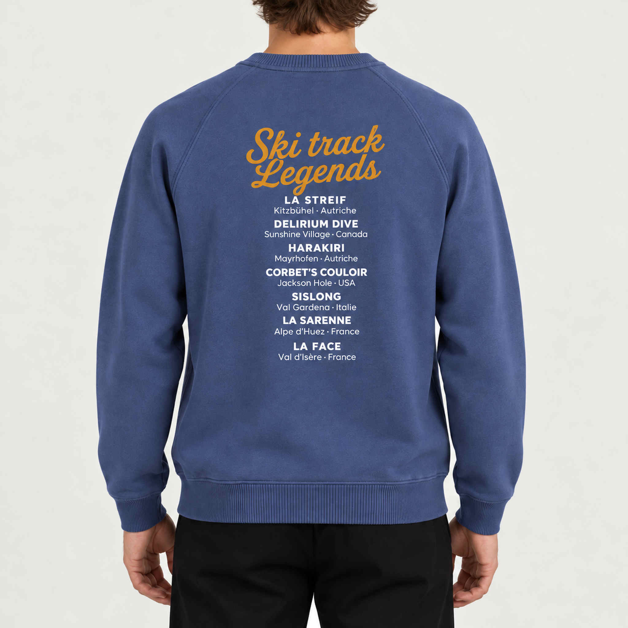 French Disorder men Ski Track Sweater in Coastal Fjord - model back | London Ski Co