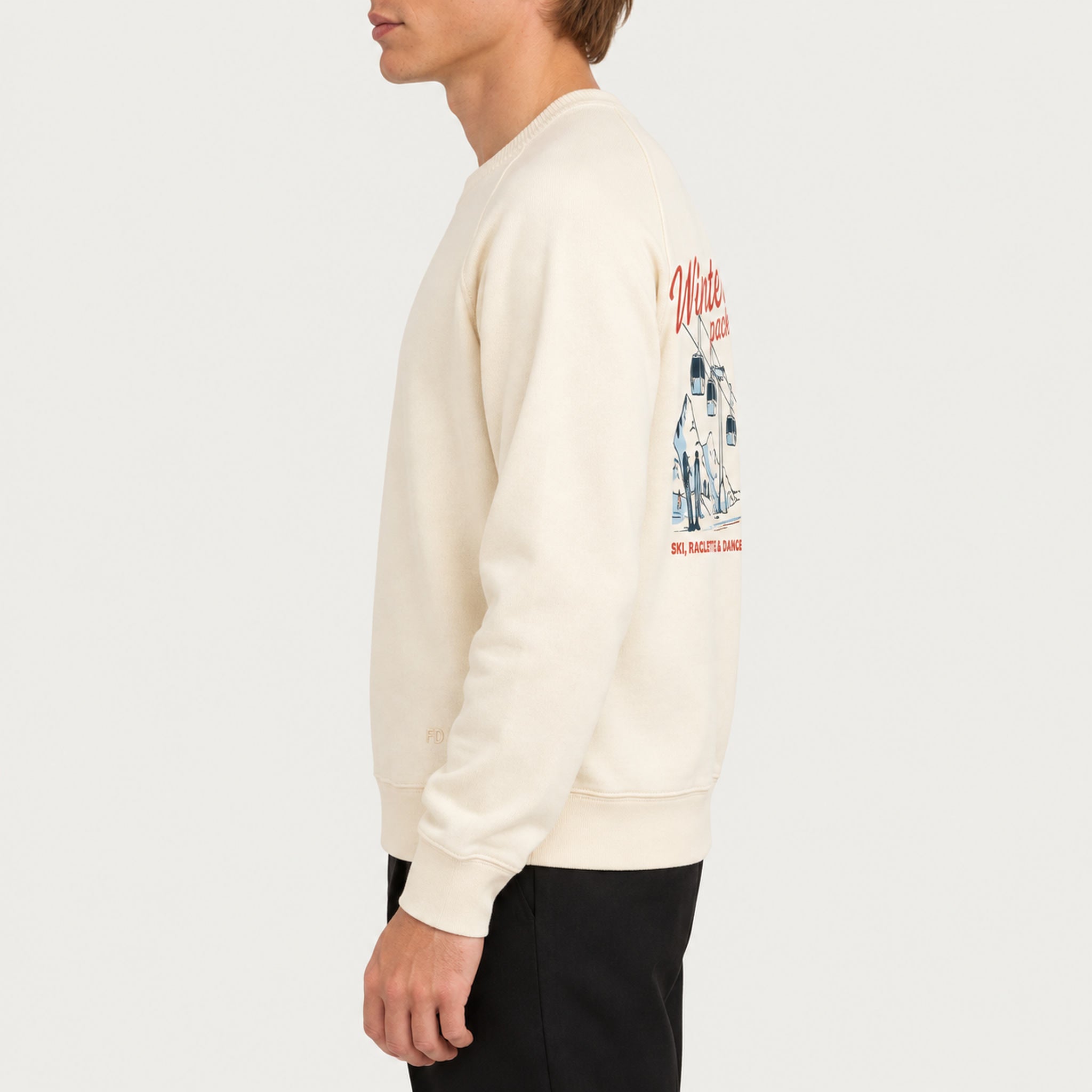 French Disorder men Winter Pack Sweater in Coconut - model side | London Ski Co