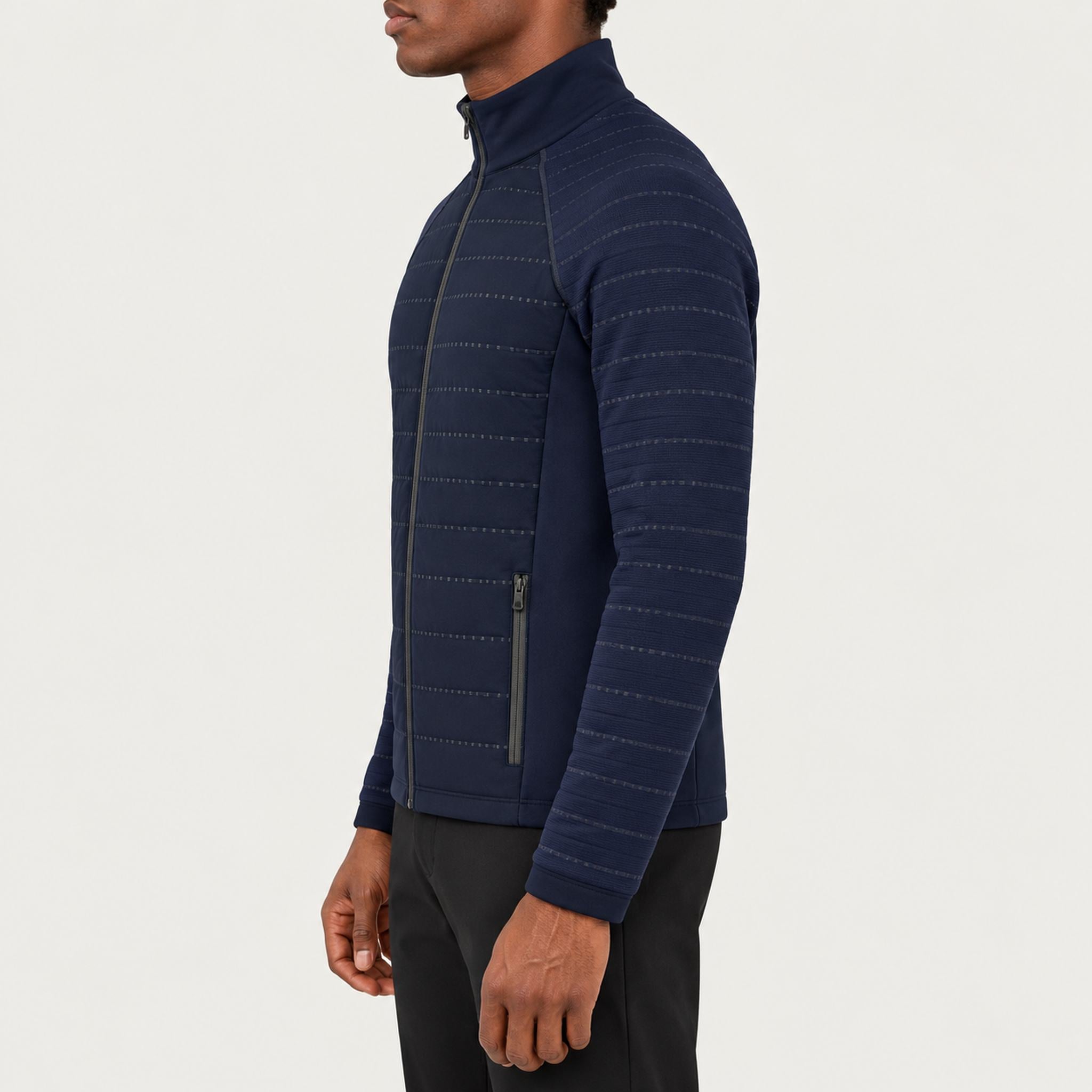 Newland mens Alex Primaloft Padded Full Zip in Navy - model side. AI-generated from supplied artwork.
