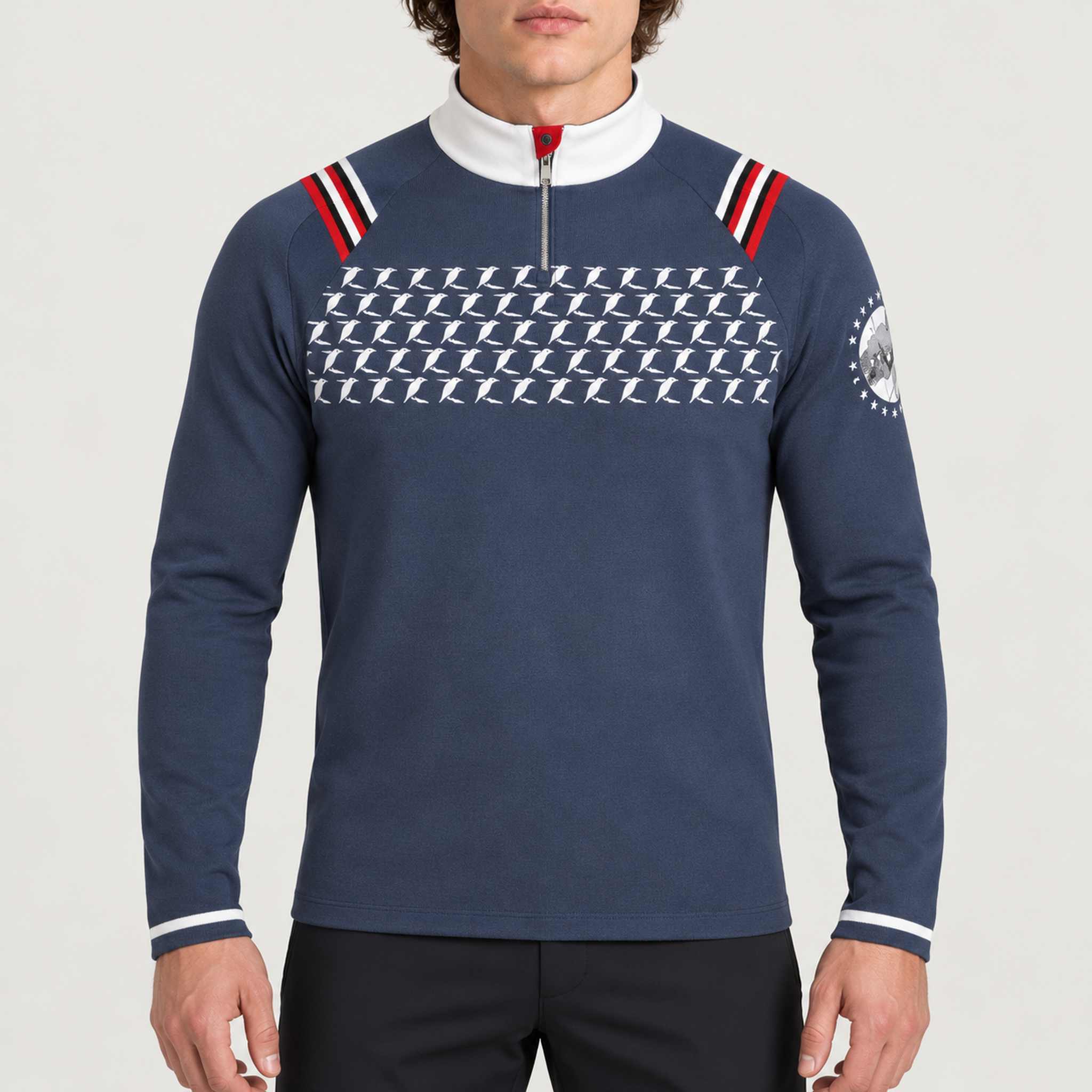 Newland men's Cambridge Bay half zip in blue and white – model front. AI-generated from supplier artwork.