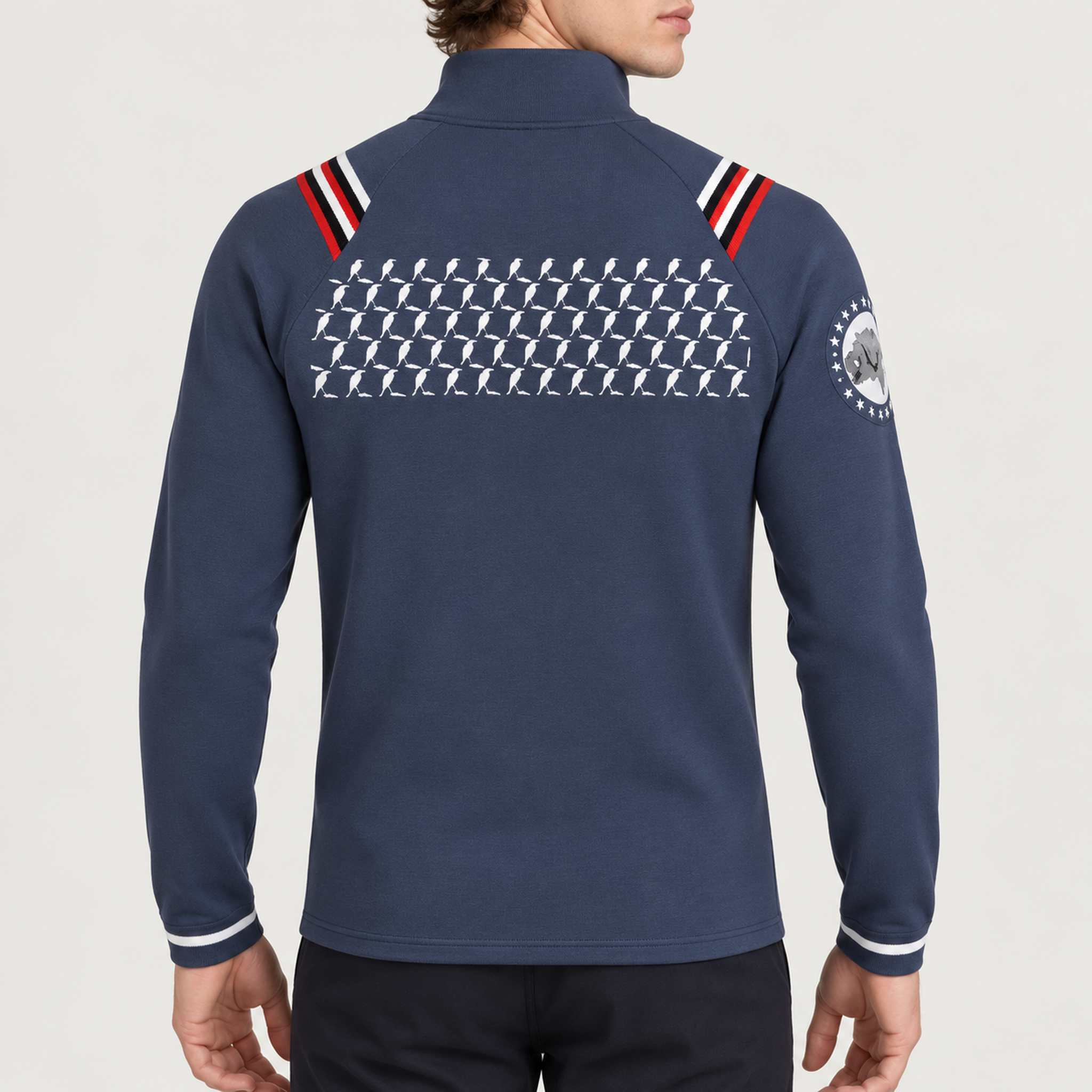 Newland men's Cambridge Bay half zip in blue and white – model back. AI-generated from supplier artwork.