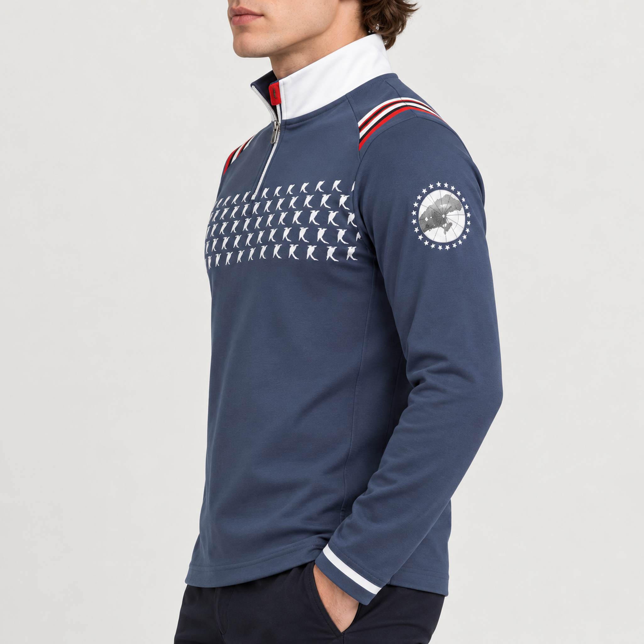 Newland men's Cambridge Bay half zip in blue and white – model side. AI-generated from supplier artwork.