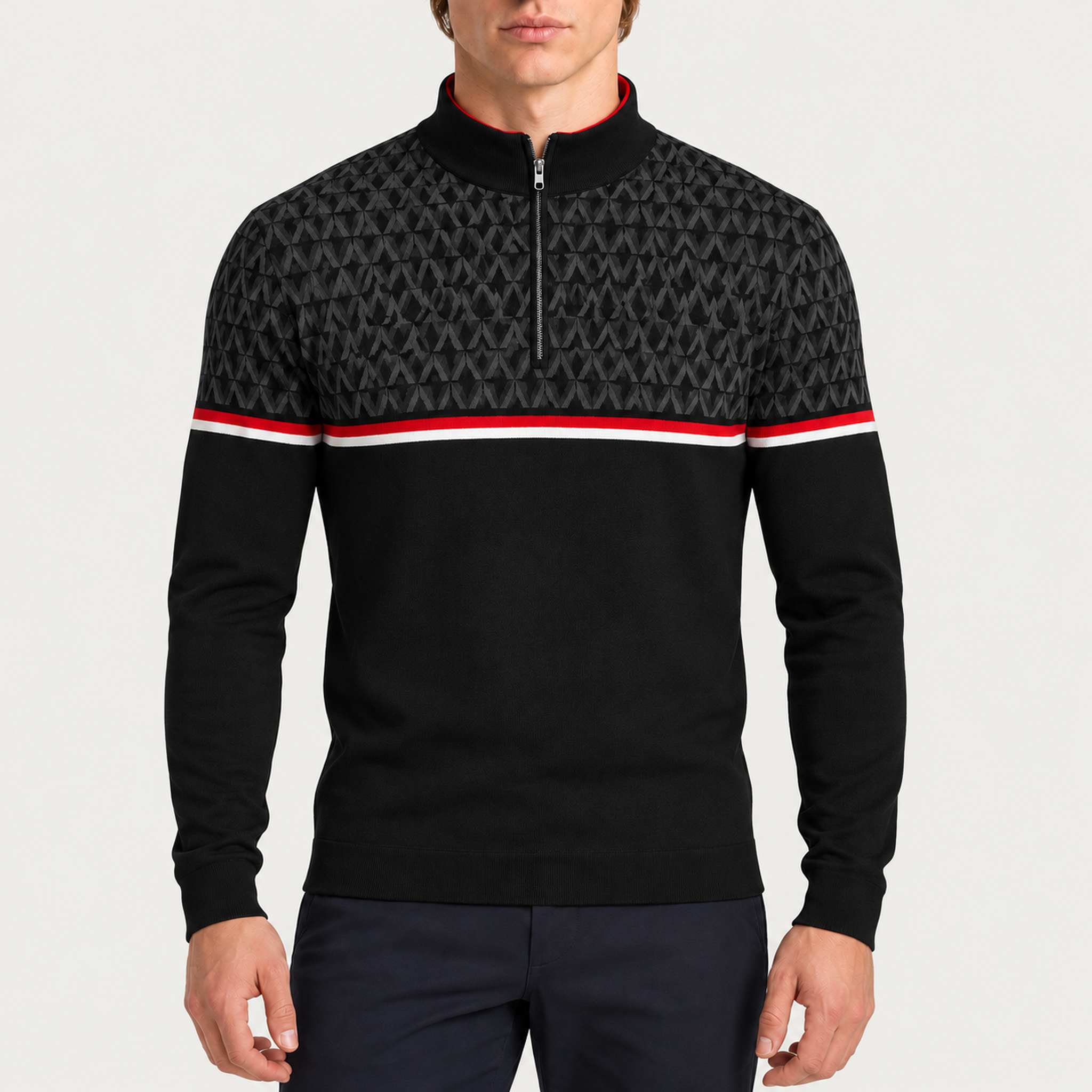 Newland men's Denali half zip in black and dark grey – model front. AI-generated from supplier artwork.