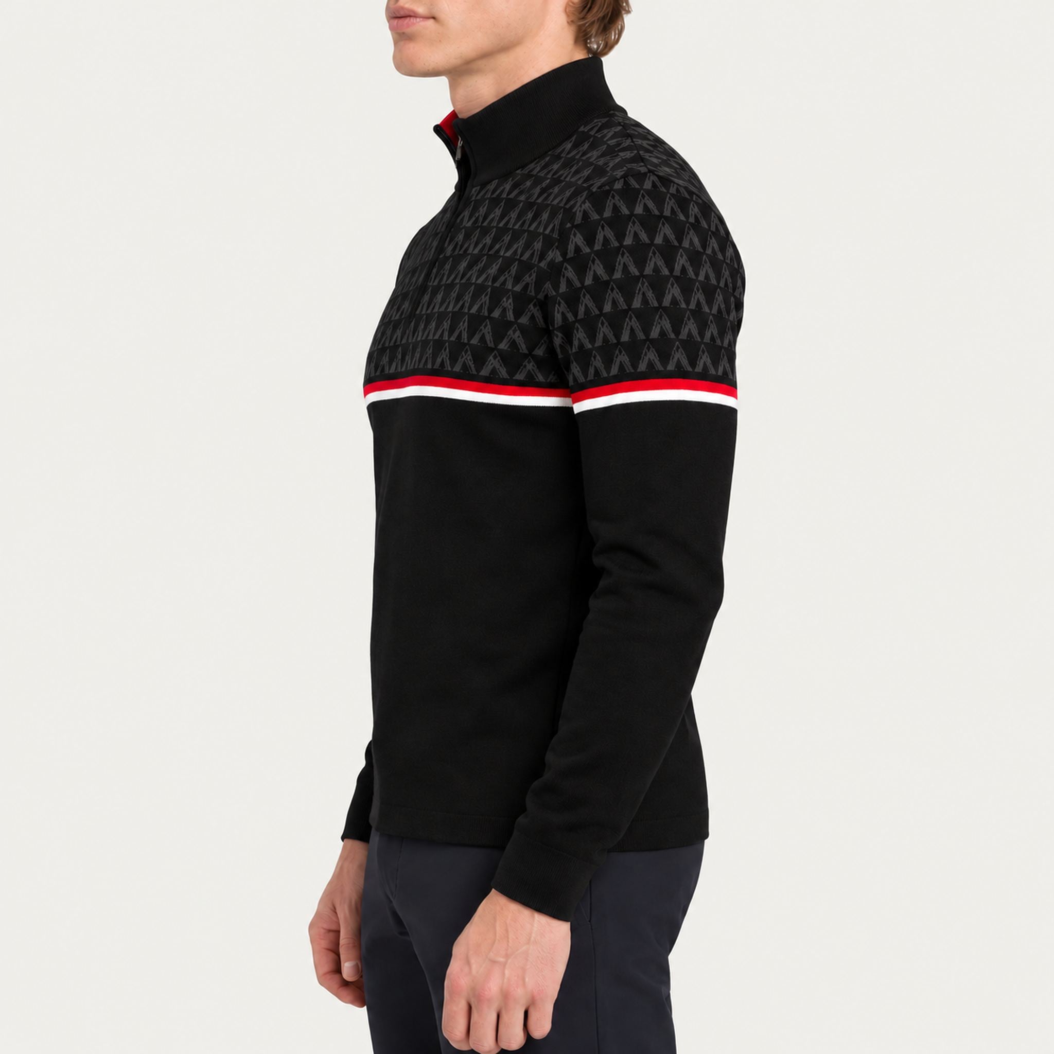 Newland men's Denali half zip in black and dark grey – model side. AI-generated from supplier artwork.