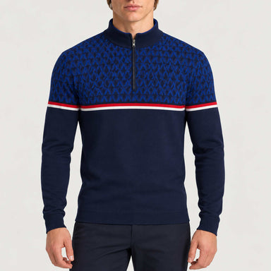 Newland men's Denali half zip in blue – model front. AI-generated from supplier artwork.
