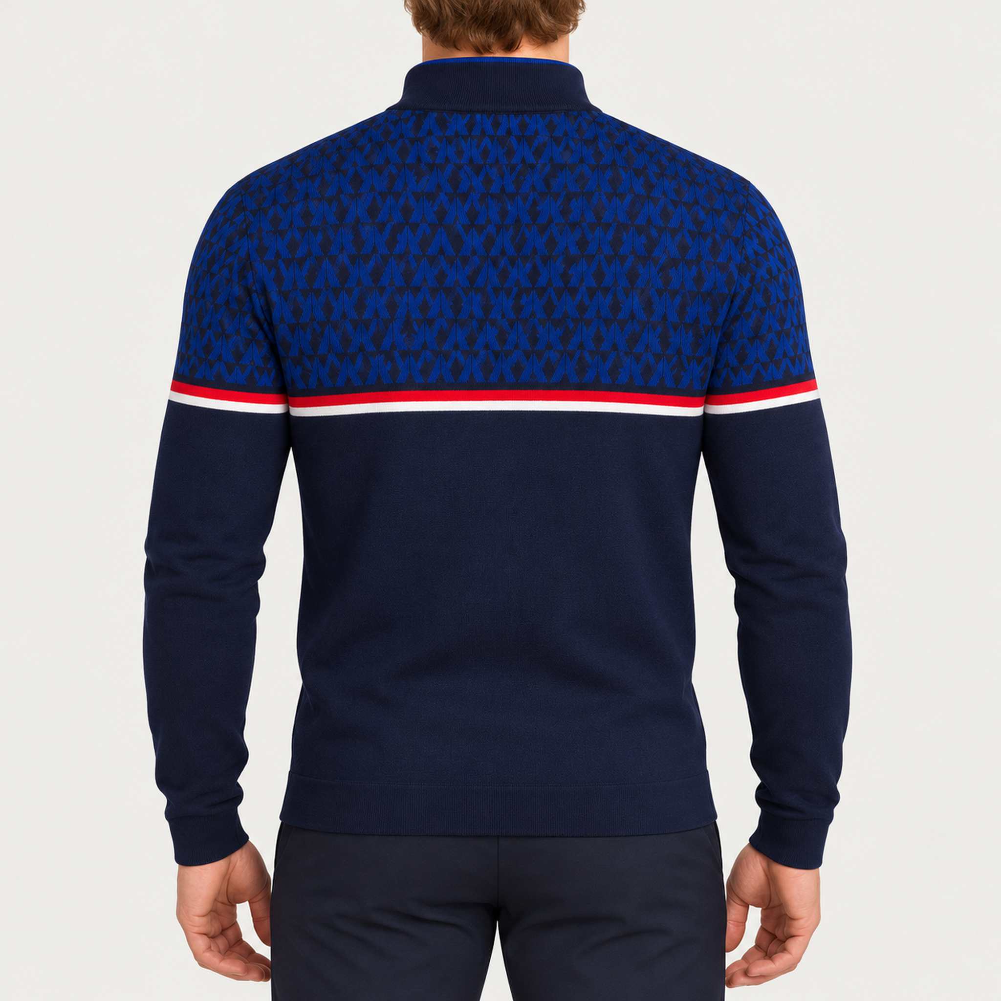 Newland men's Denali half zip in blue – model back. AI-generated from supplier artwork.