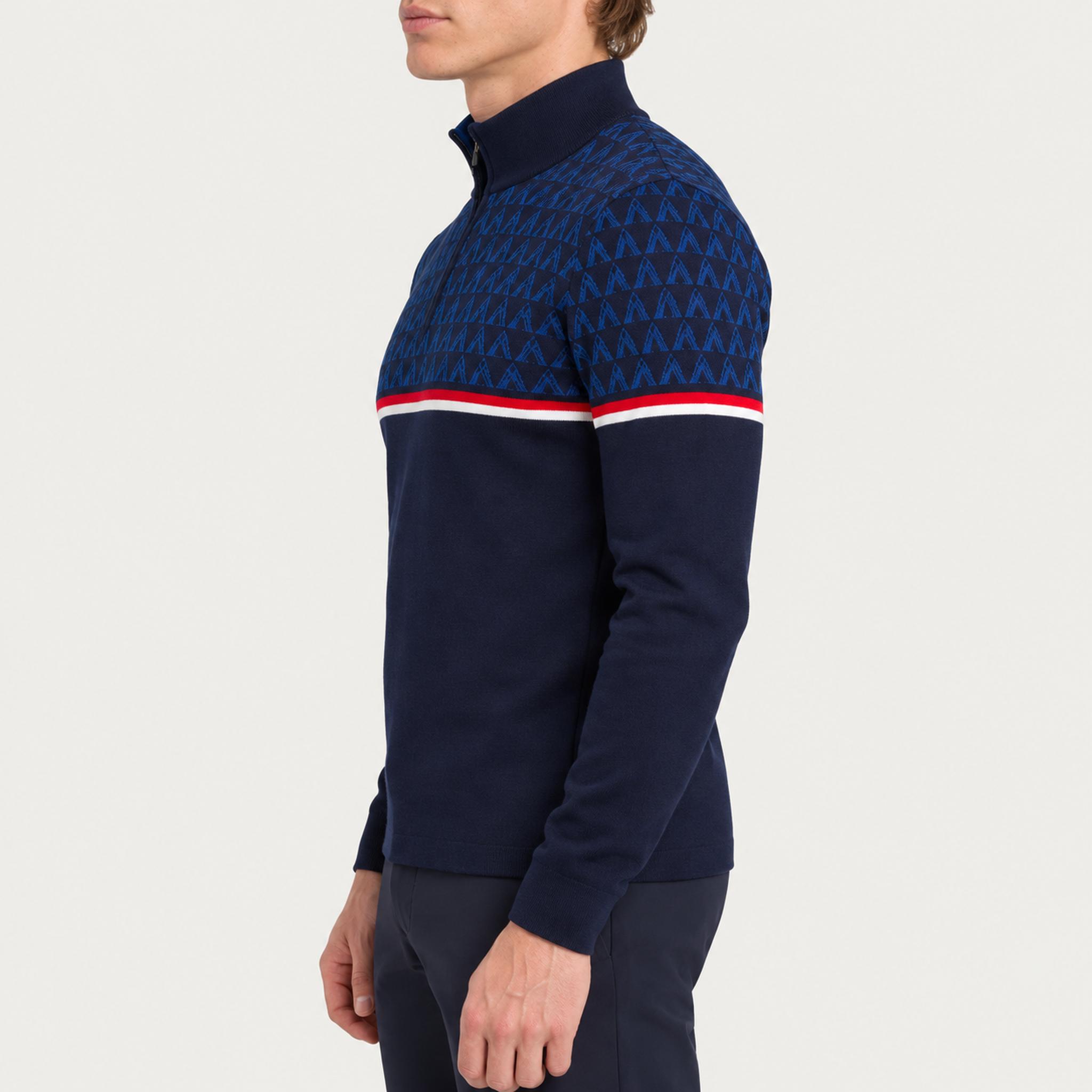 Newland men's Denali half zip in blue – model side. AI-generated from supplier artwork.