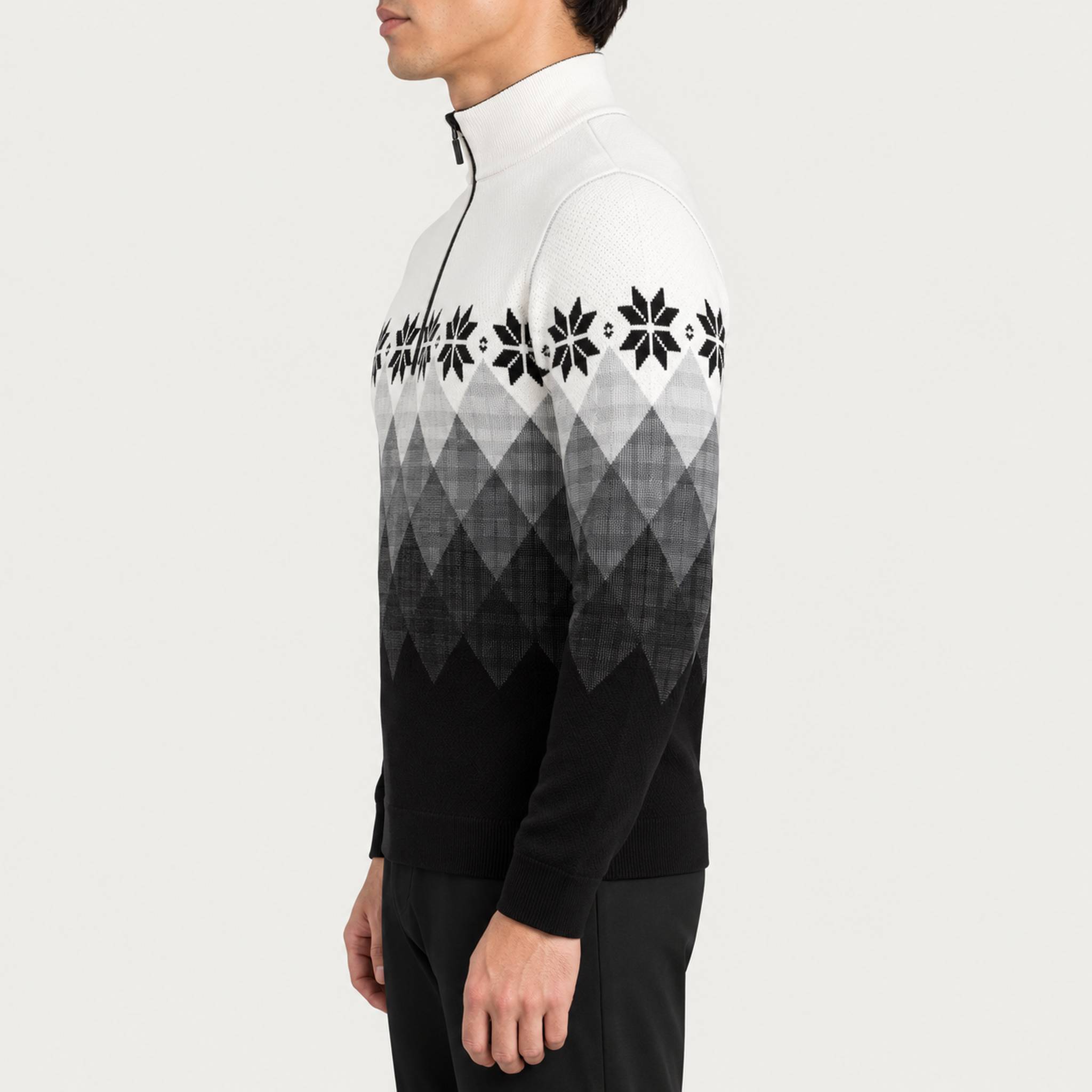 Newland mens Fairbanks Half Zip - model side. AI-generated from supplied artwork.