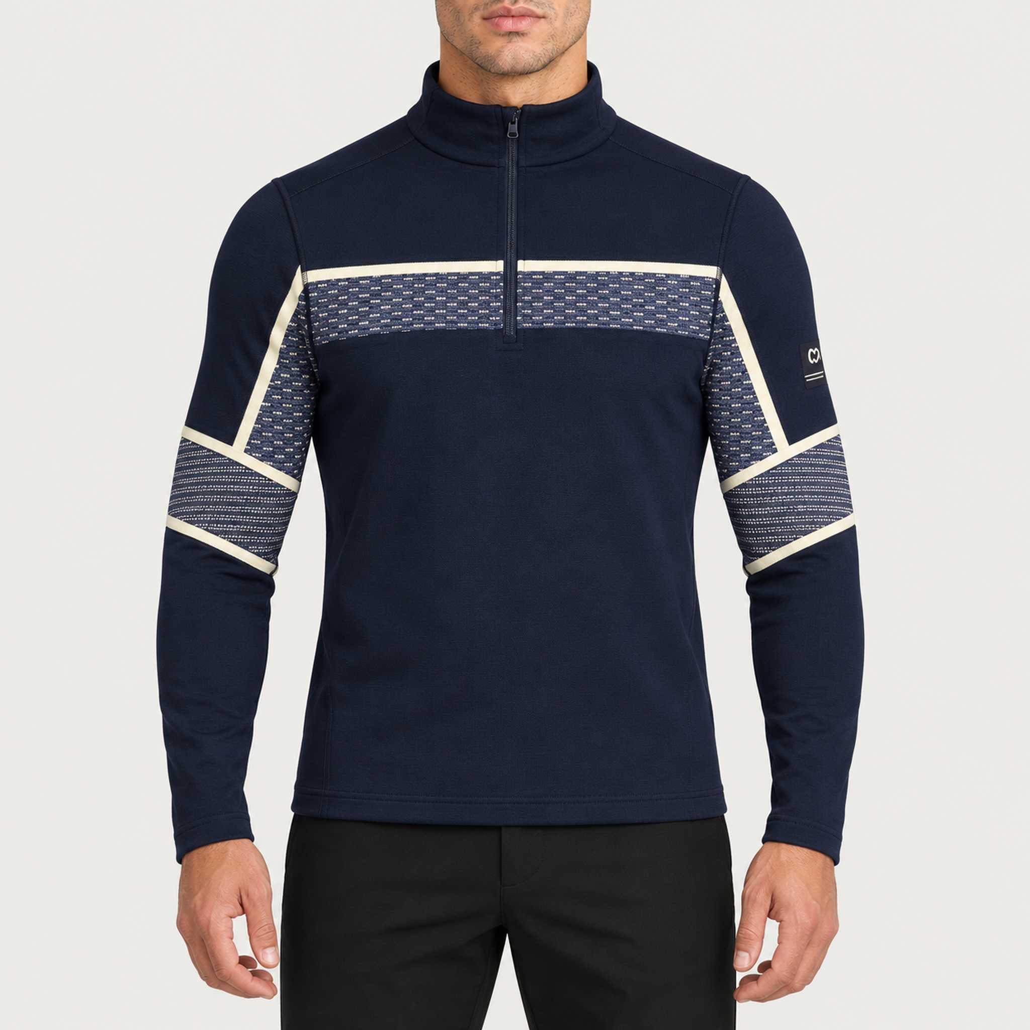 Newland mens Falun Half Zip in Navy - model front. AI-generated from supplied artwork.
