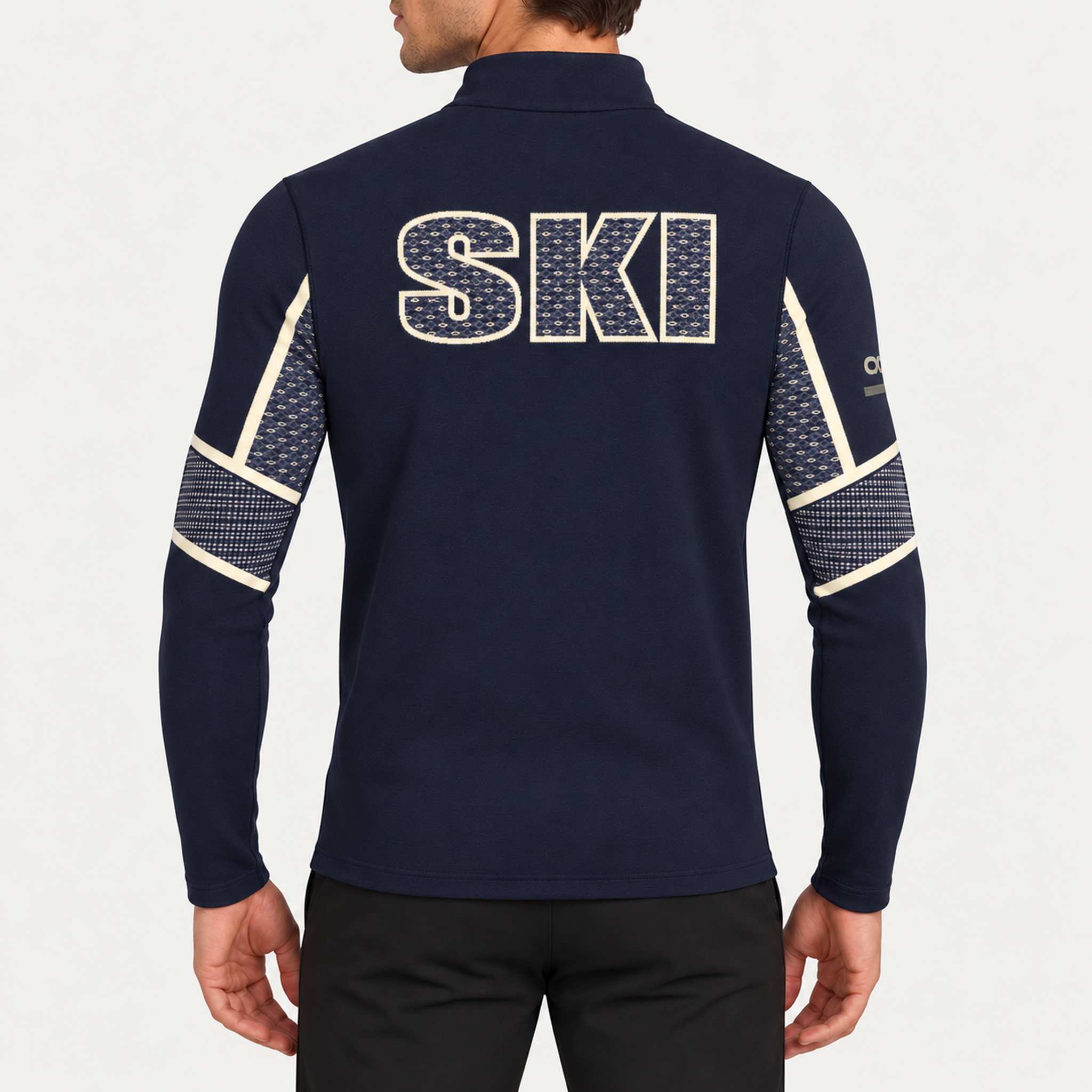 Newland mens Falun Half Zip in Navy - model back. AI-generated from supplied artwork.