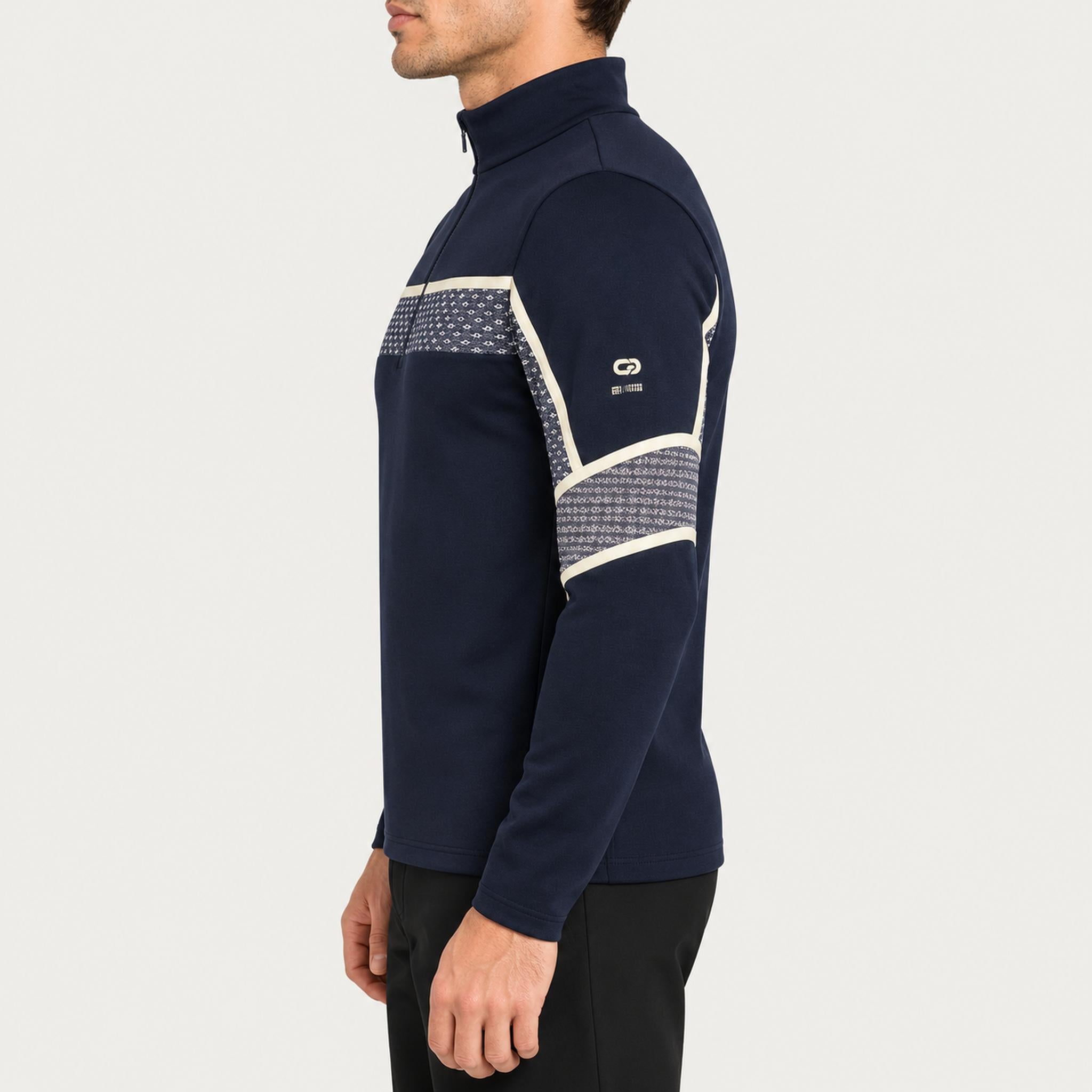 Newland mens Falun Half Zip in Navy - model side. AI-generated from supplied artwork.