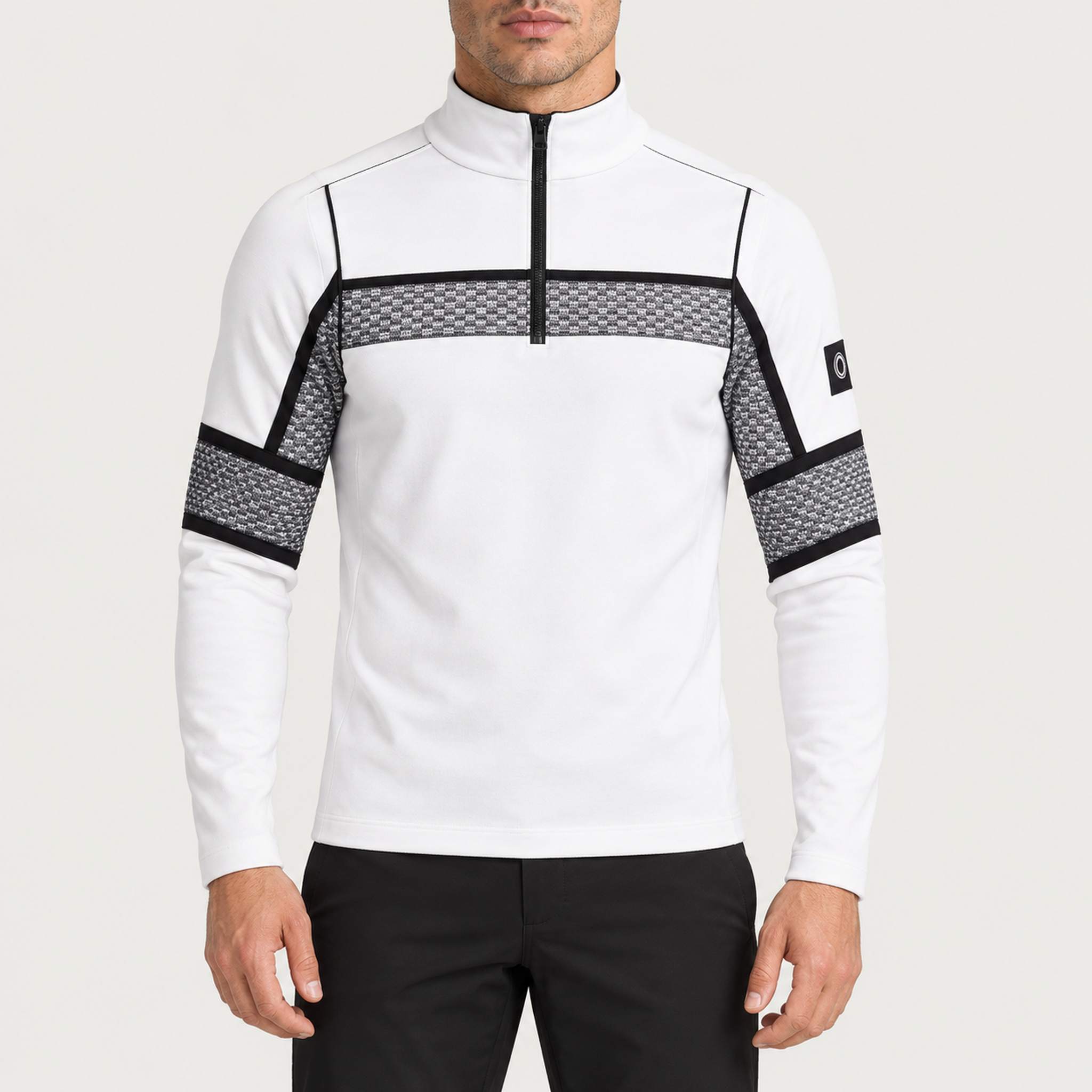 Newland mens Falun Half Zip in White - model front. AI-generated from supplied artwork.