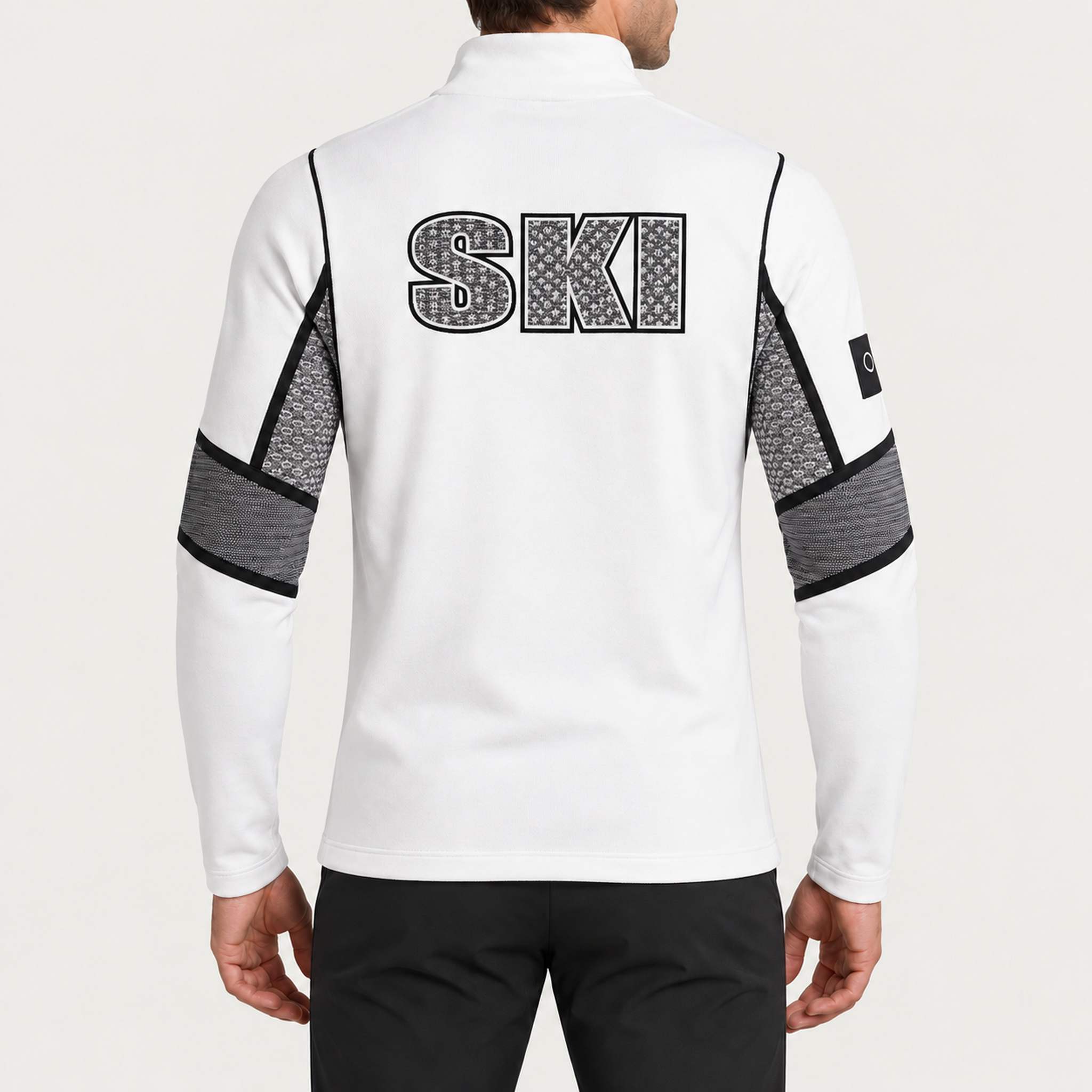 Newland mens Falun Half Zip in White - model back. AI-generated from supplied artwork.