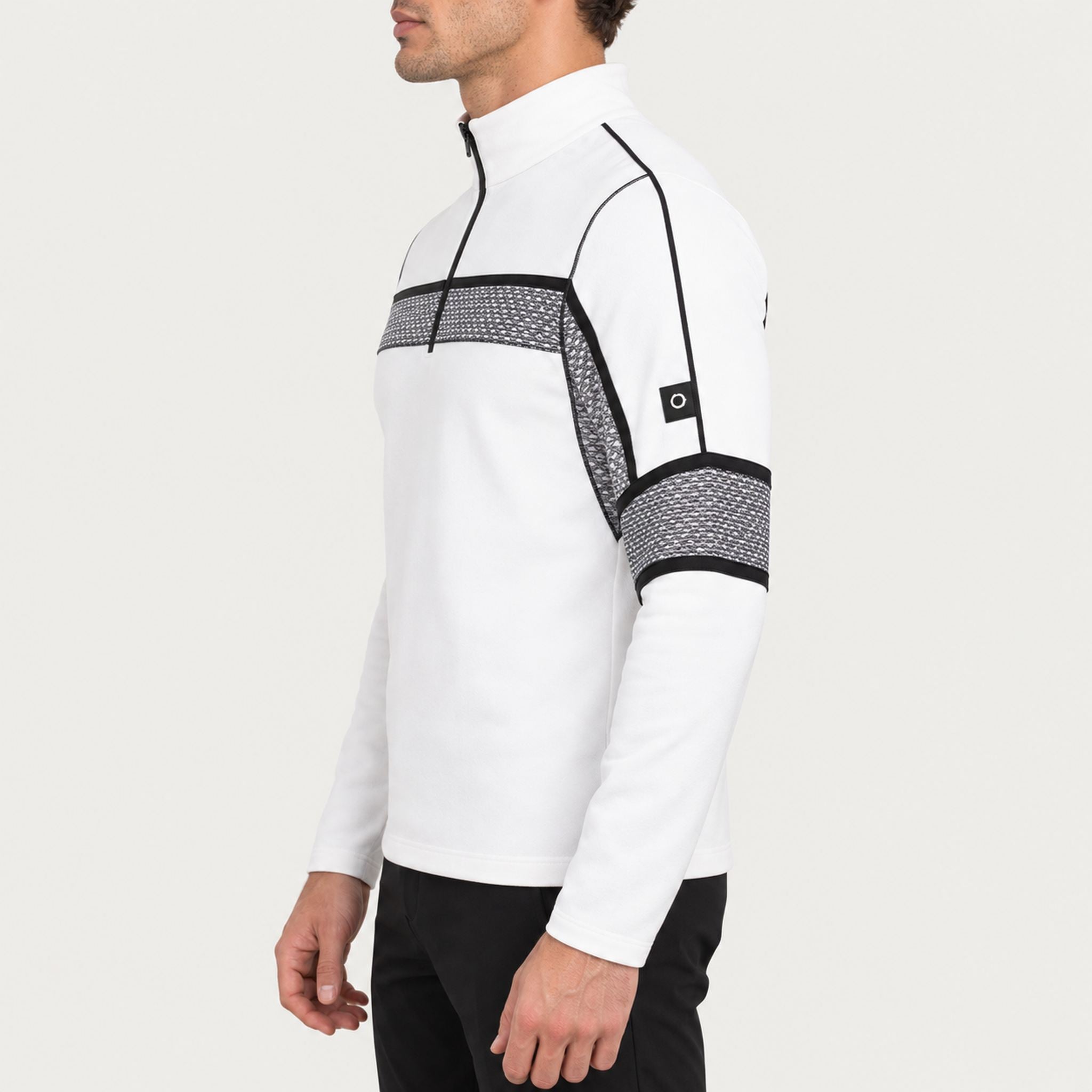 Newland mens Falun Half Zip in White - model side. AI-generated from supplied artwork.