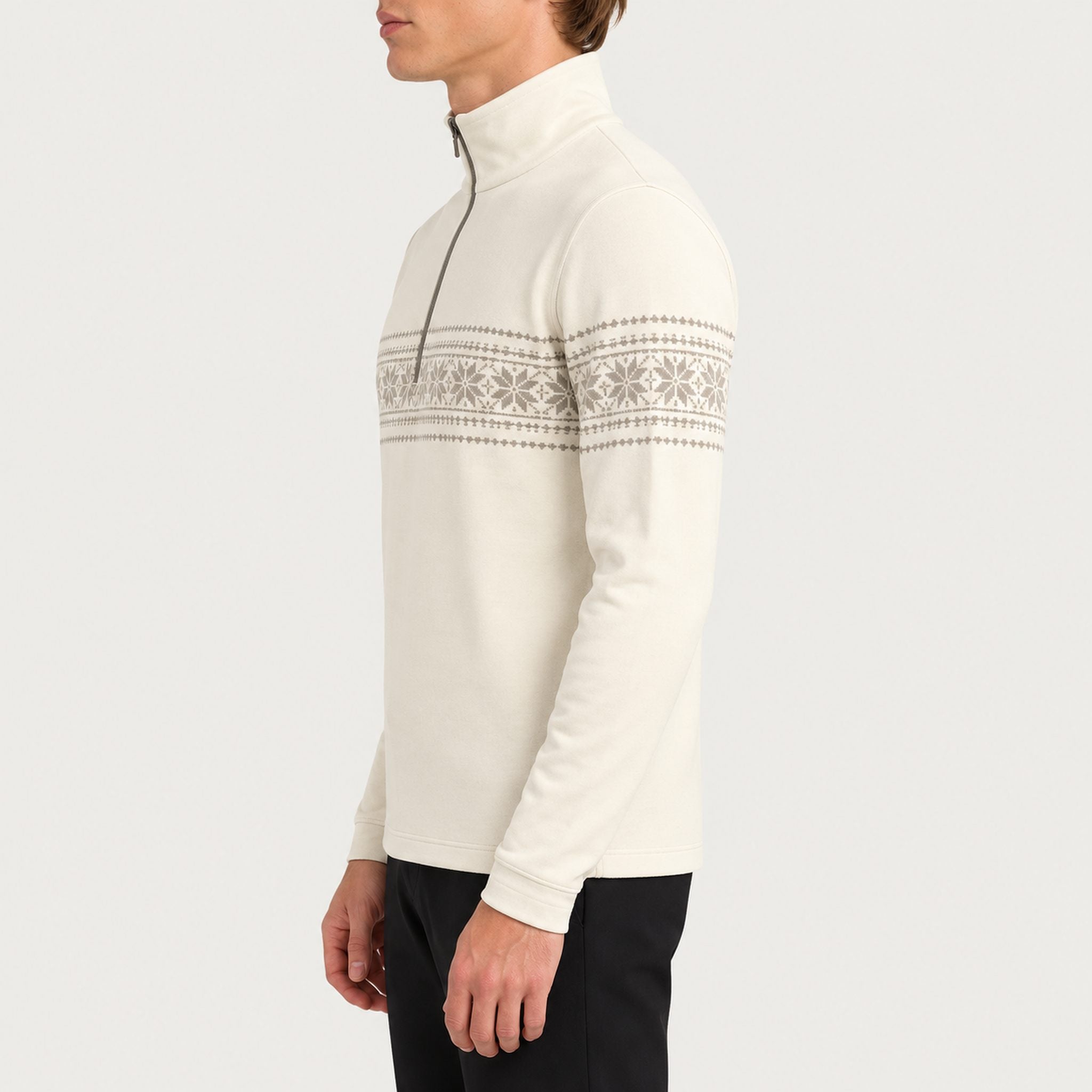 Newland mens Harbin Half Zip - model side. AI-generated from supplied artwork.