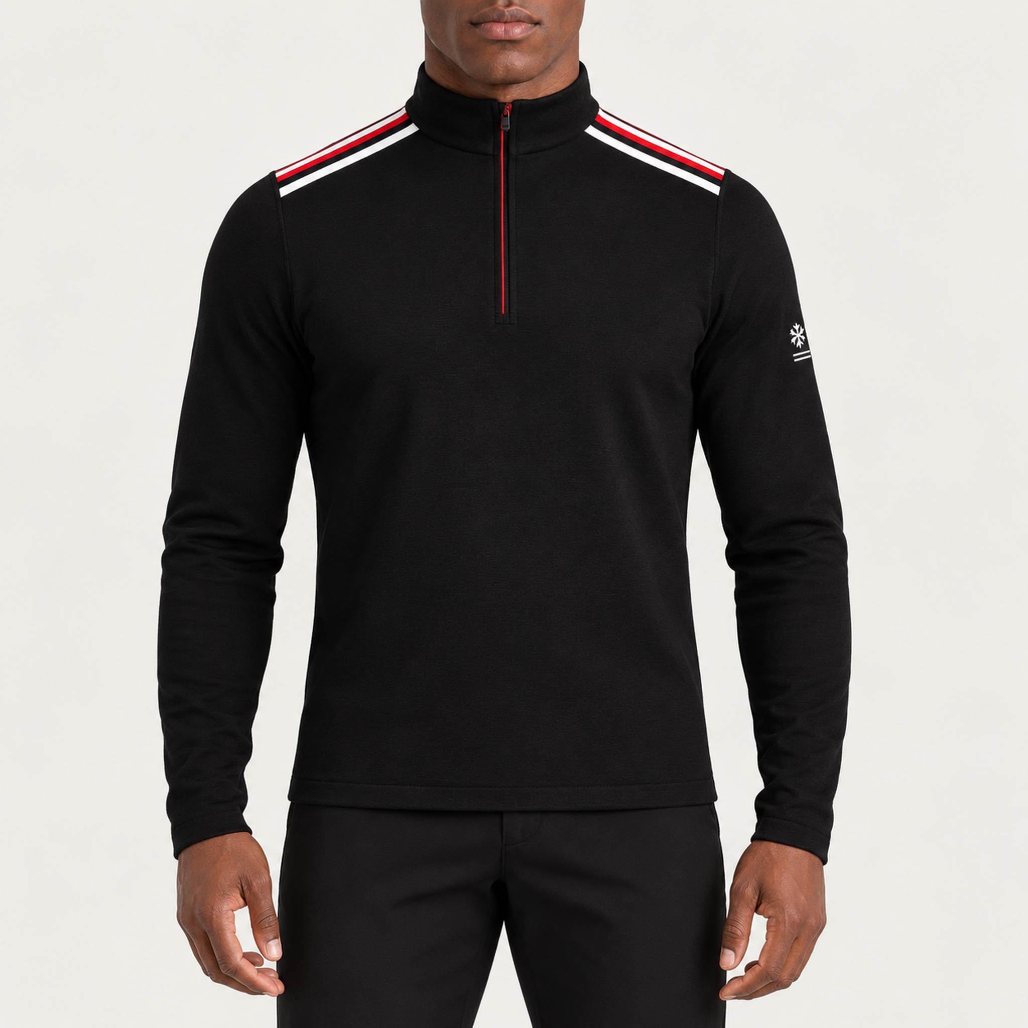 Newland mens Heracles Half Zip in Black - model front. AI-generated from supplied artwork.