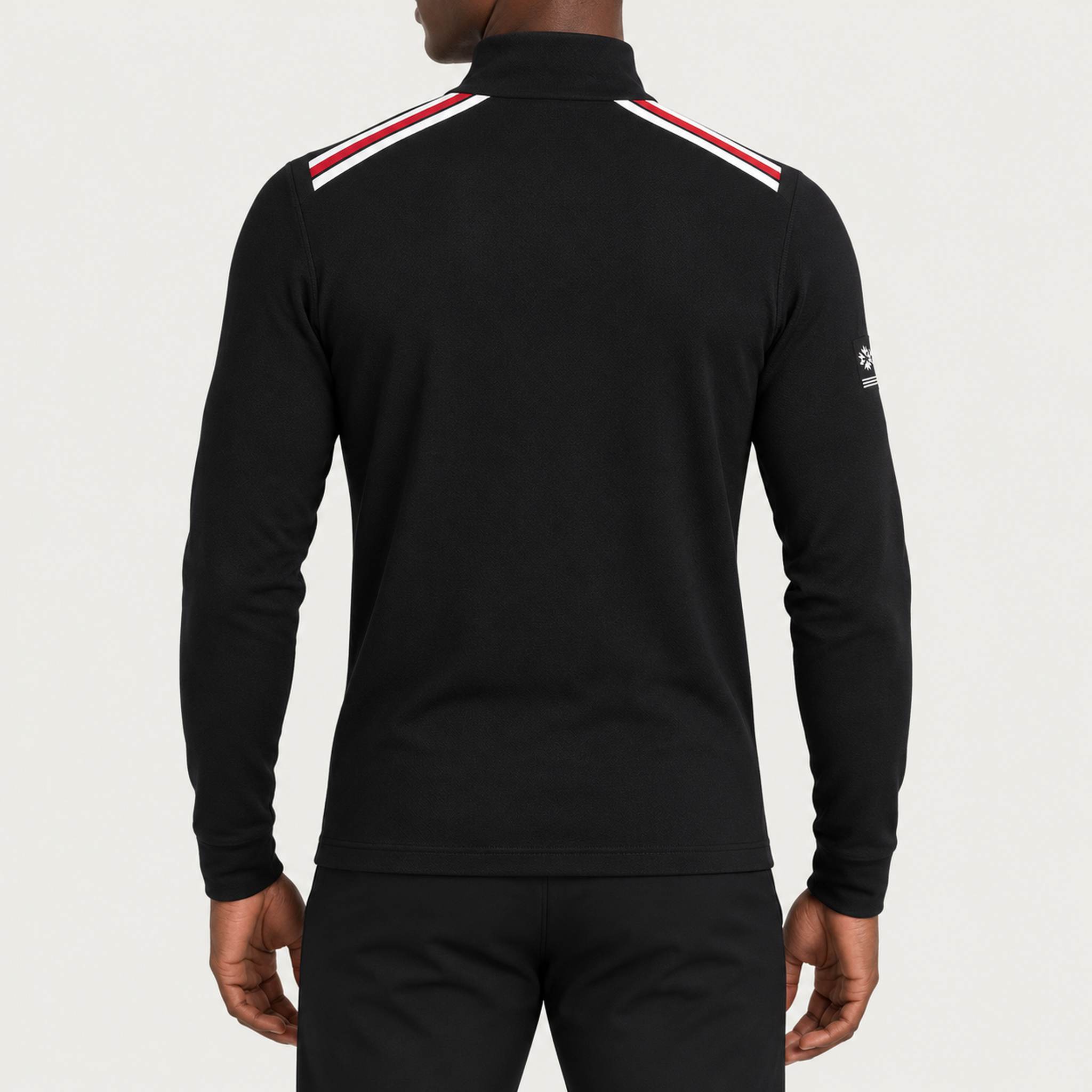 Newland mens Heracles Half Zip in Black - model back. AI-generated from supplied artwork.