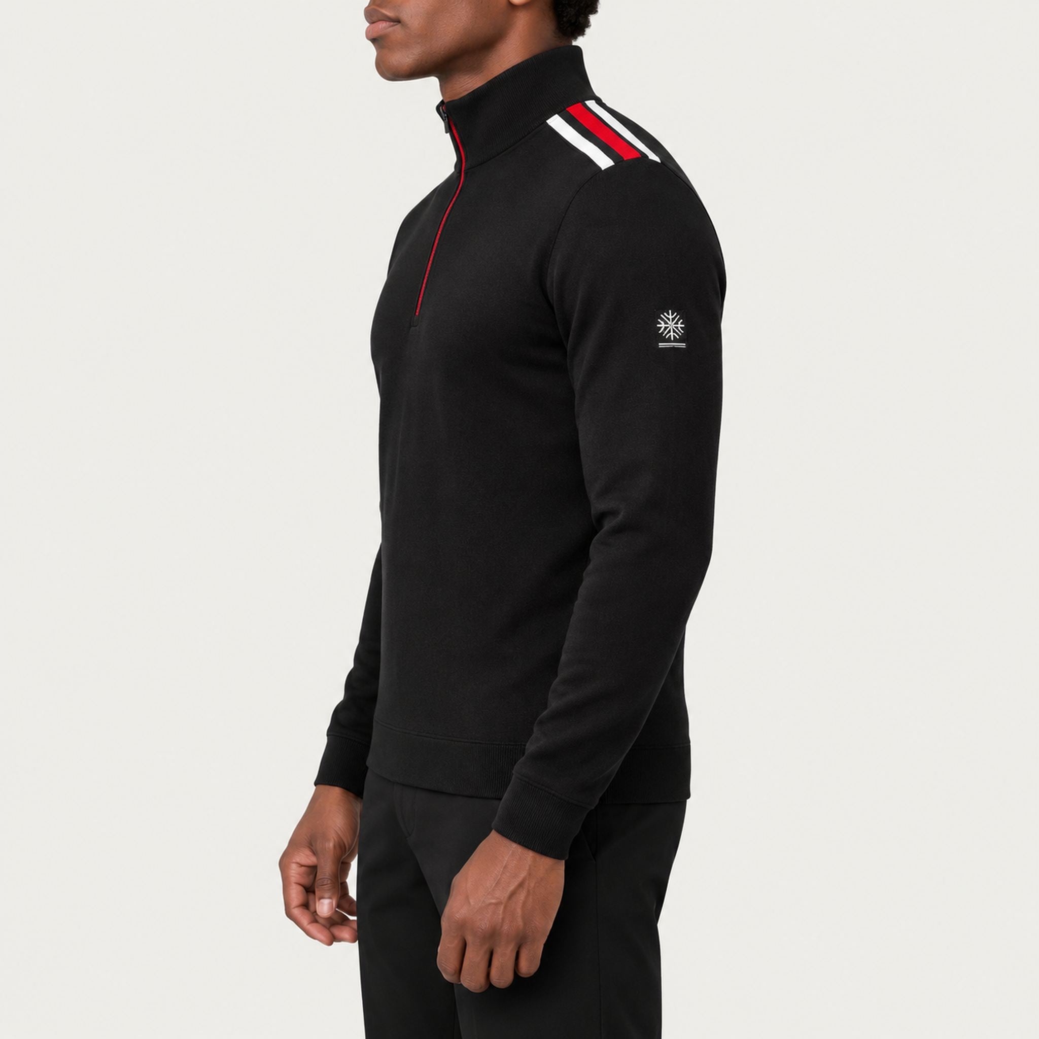 Newland mens Heracles Half Zip in Black - model side. AI-generated from supplied artwork.