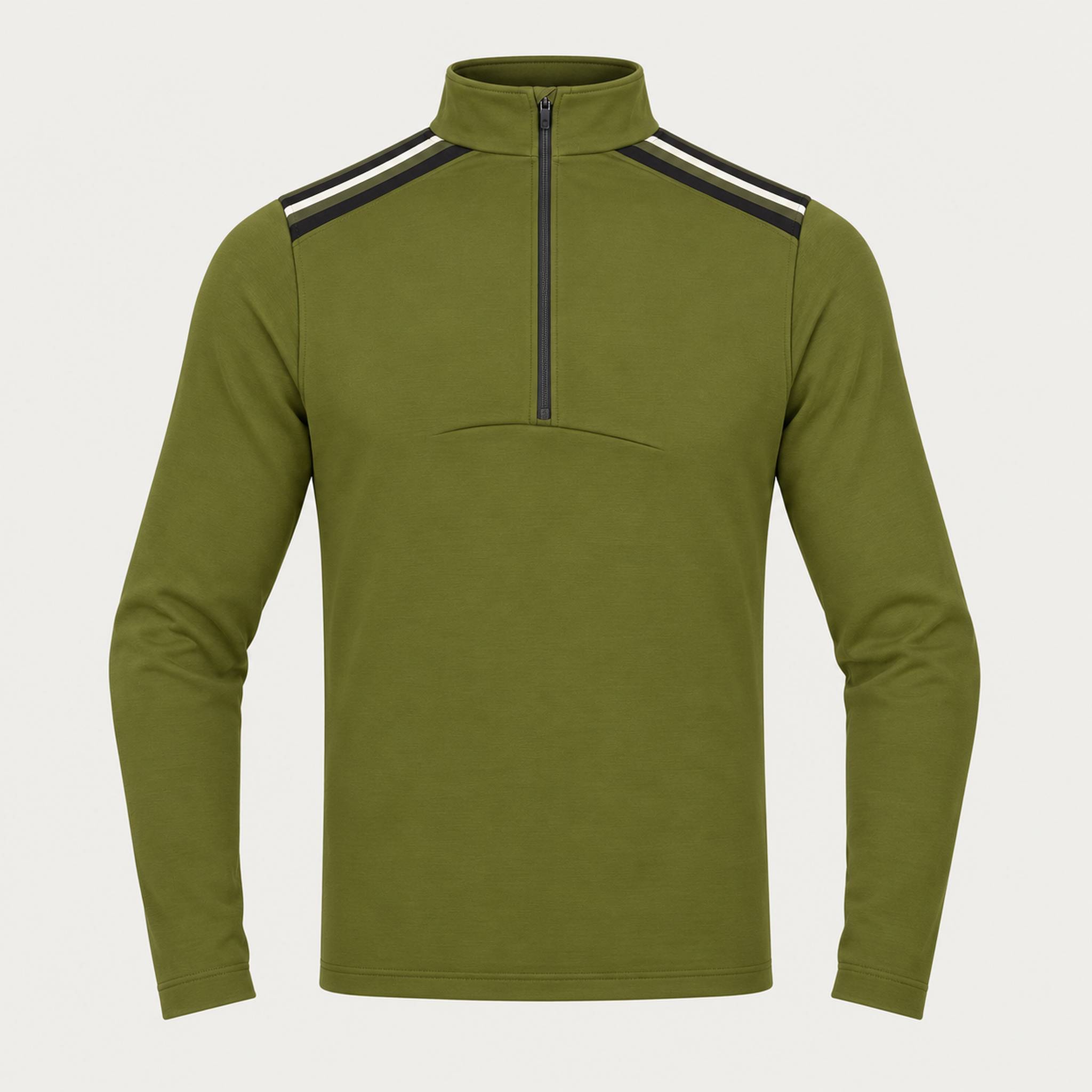 Newland mens Heracles Half Zip in Olive Green - front. AI-generated from supplied artwork.