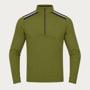 Newland mens Heracles Half Zip in Olive Green - front. AI-generated from supplied artwork.