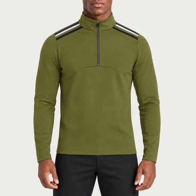 Newland mens Heracles Half Zip in Olive Green - model front. AI-generated from supplied artwork.