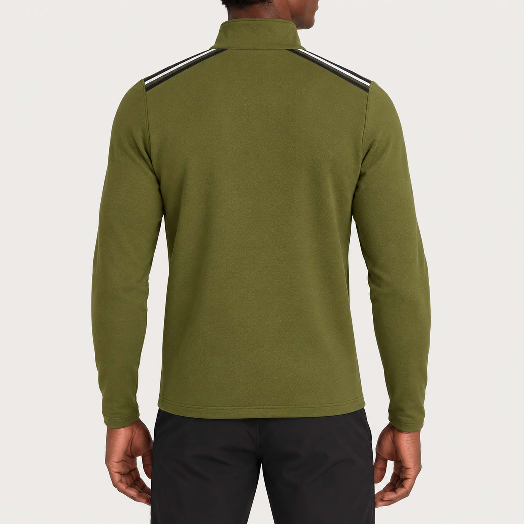 Newland mens Heracles Half Zip in Olive Green - model back. AI-generated from supplied artwork.