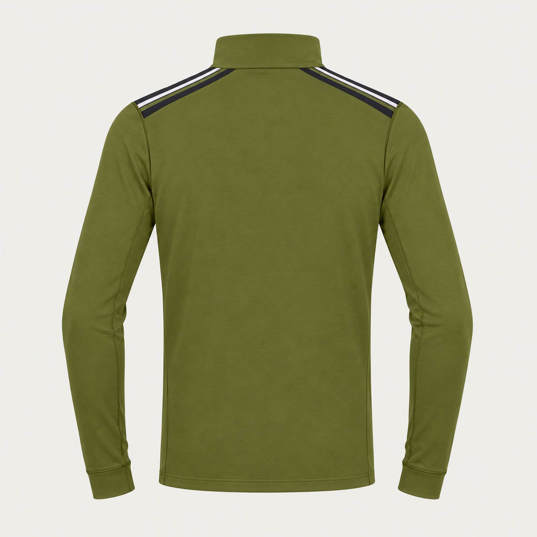 Newland mens Heracles Half Zip in Olive Green - back. AI-generated from supplied artwork.