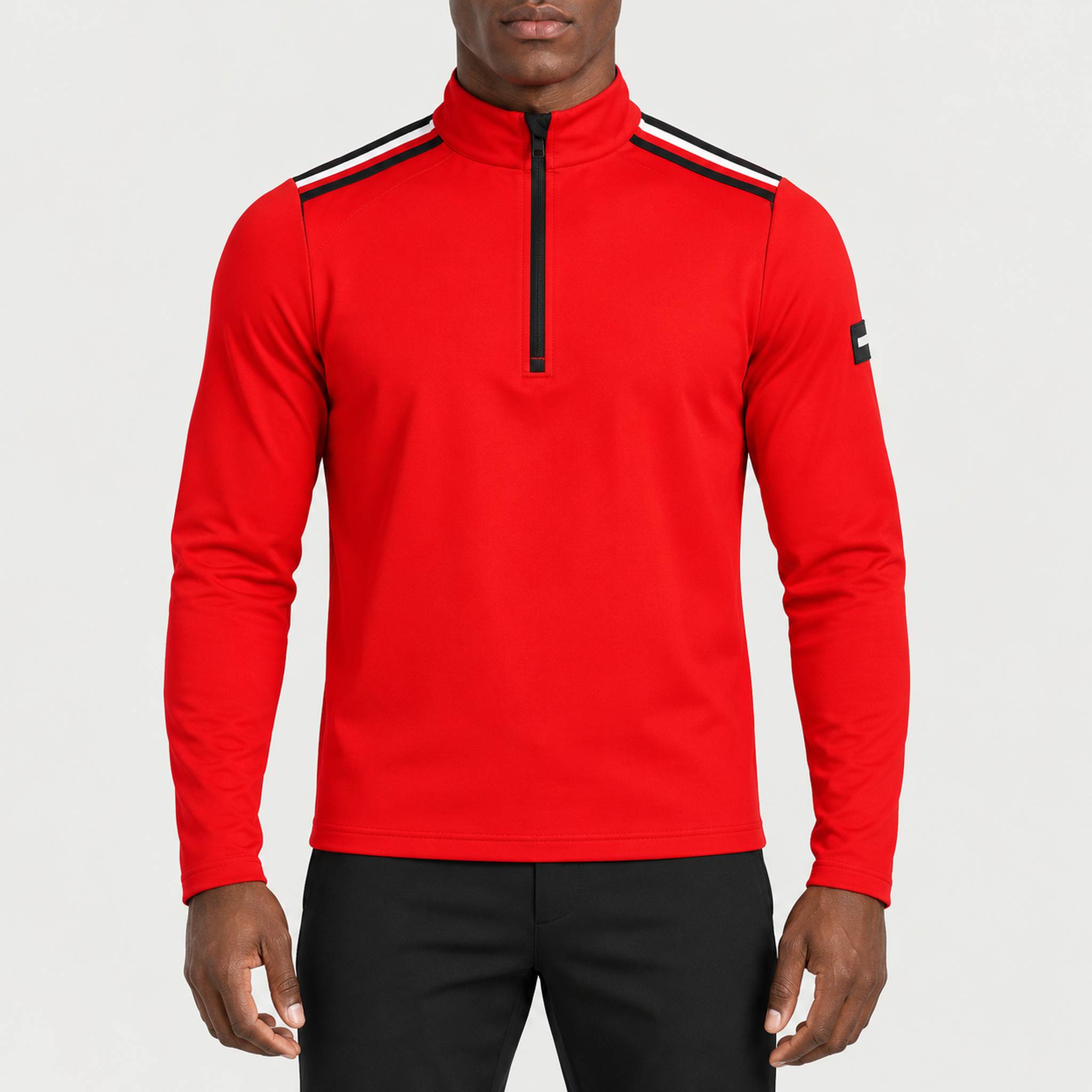 Newland mens Heracles Half Zip in Red - model front. AI-generated from supplied artwork.