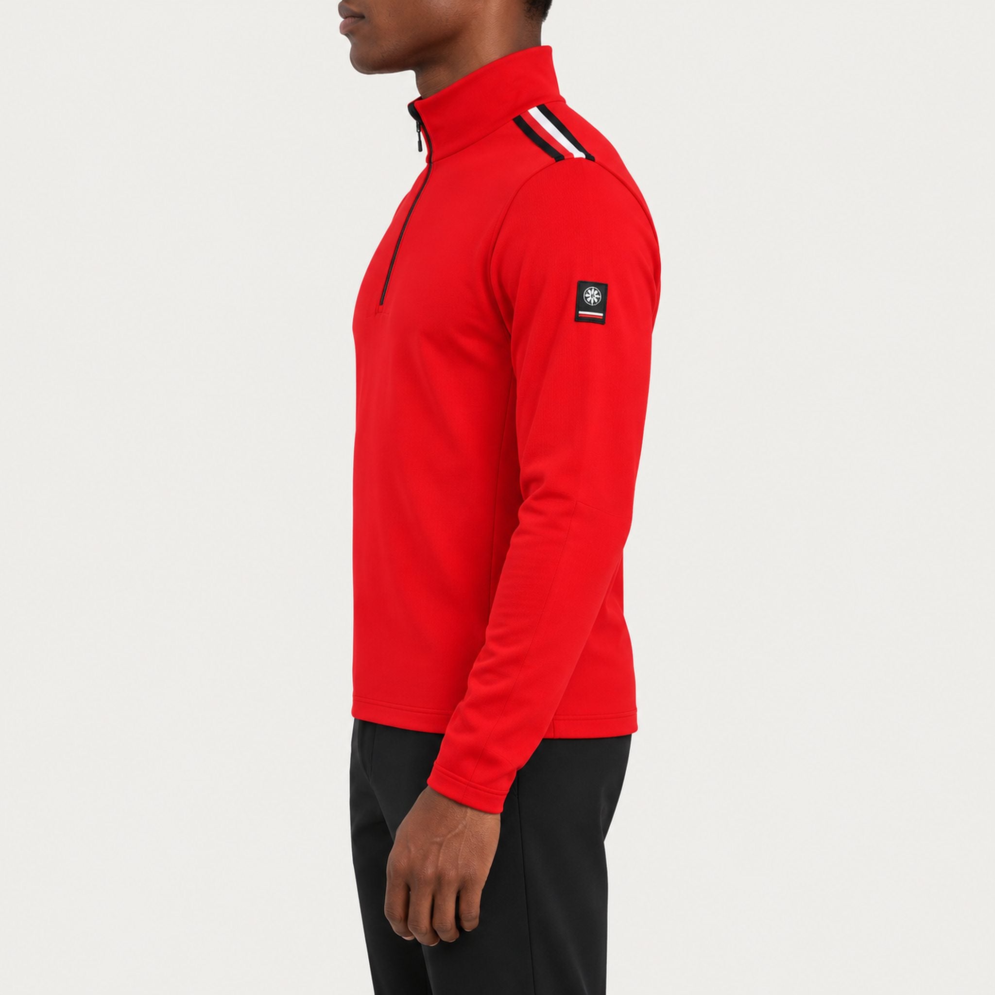 Newland mens Heracles Half Zip in Red - model side. AI-generated from supplied artwork.