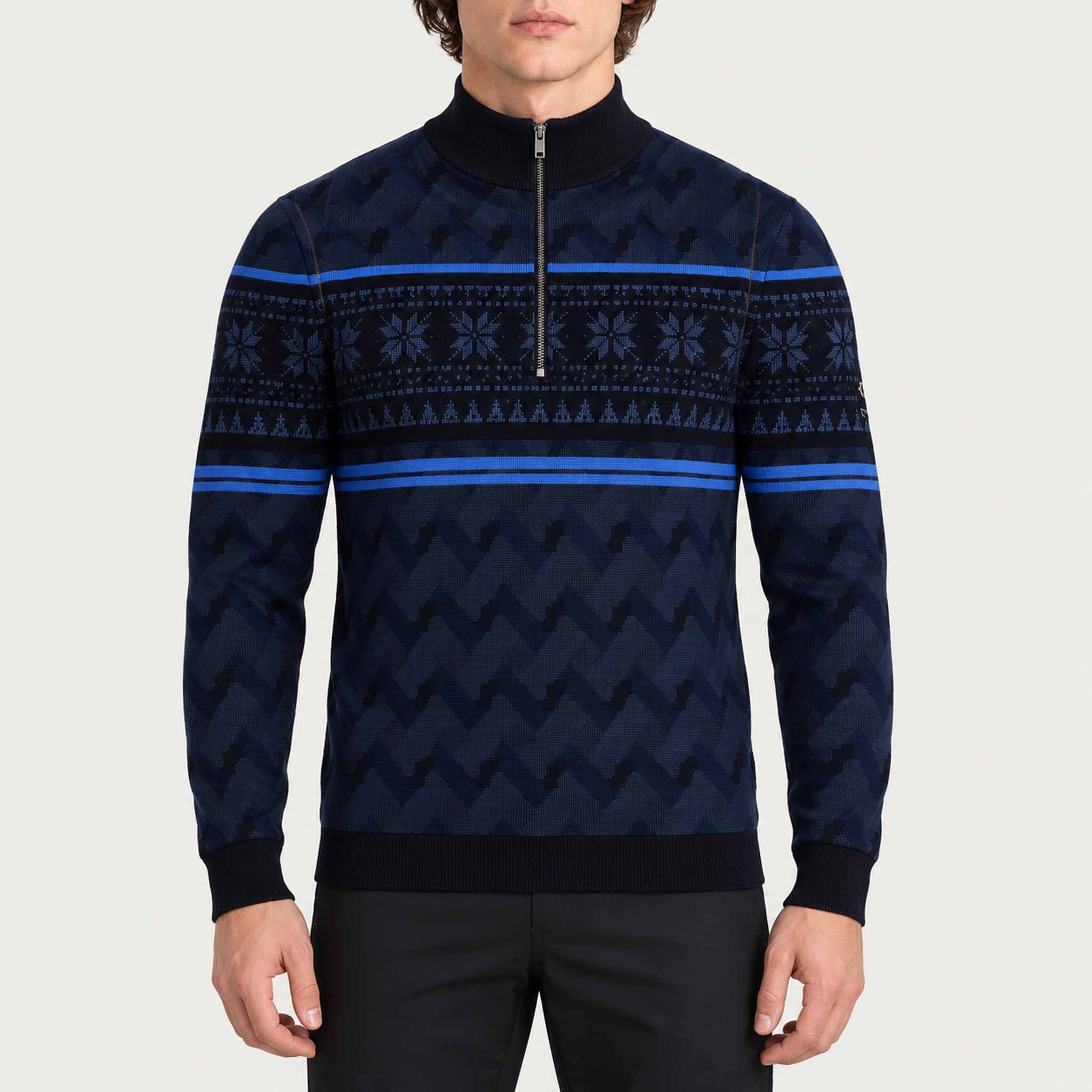 Newland mens Inuvik Half Zip in Navy - model front. AI-generated from supplied artwork.