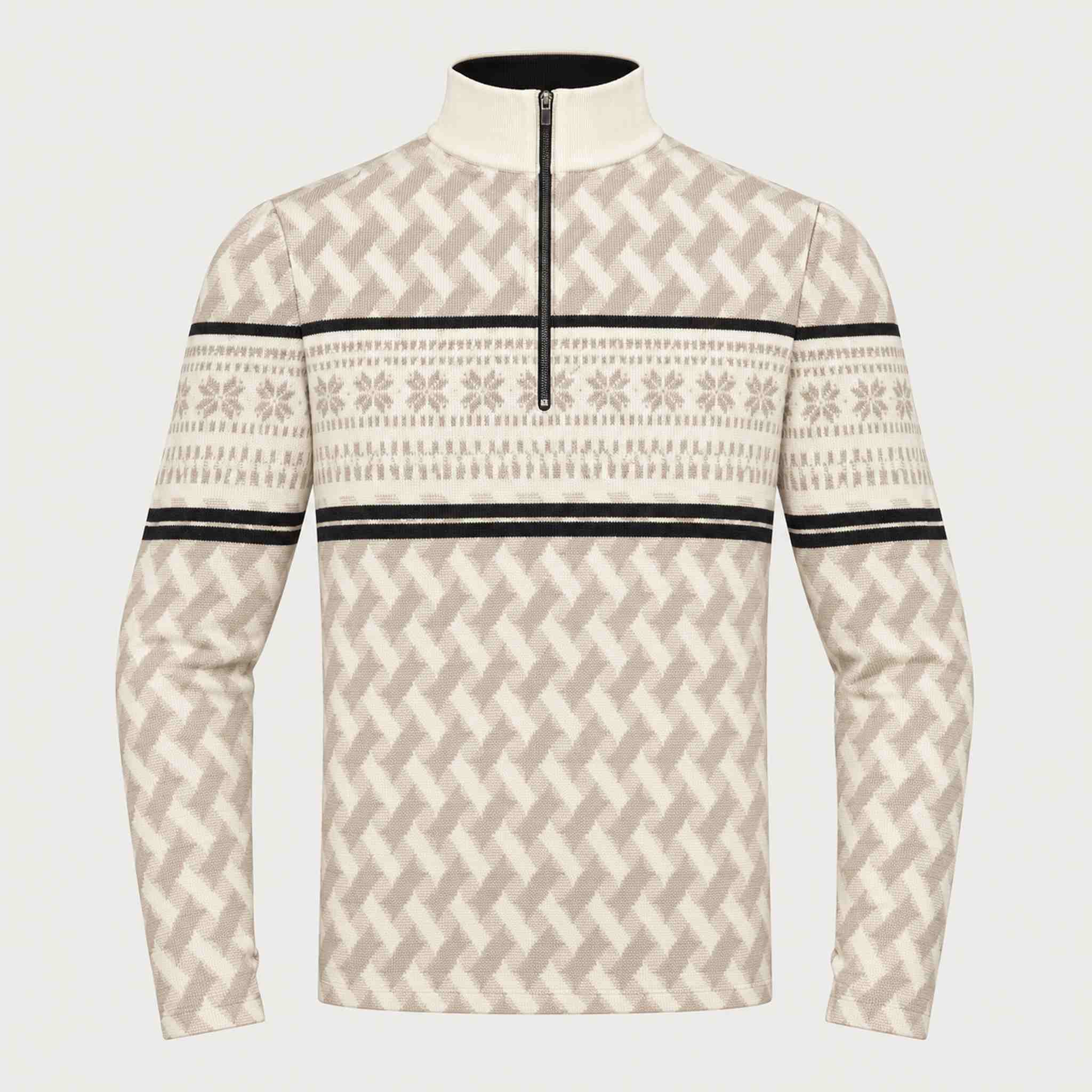 Newland mens Inuvik Half Zip in Off White/Stone - front. AI-generated from supplied artwork.