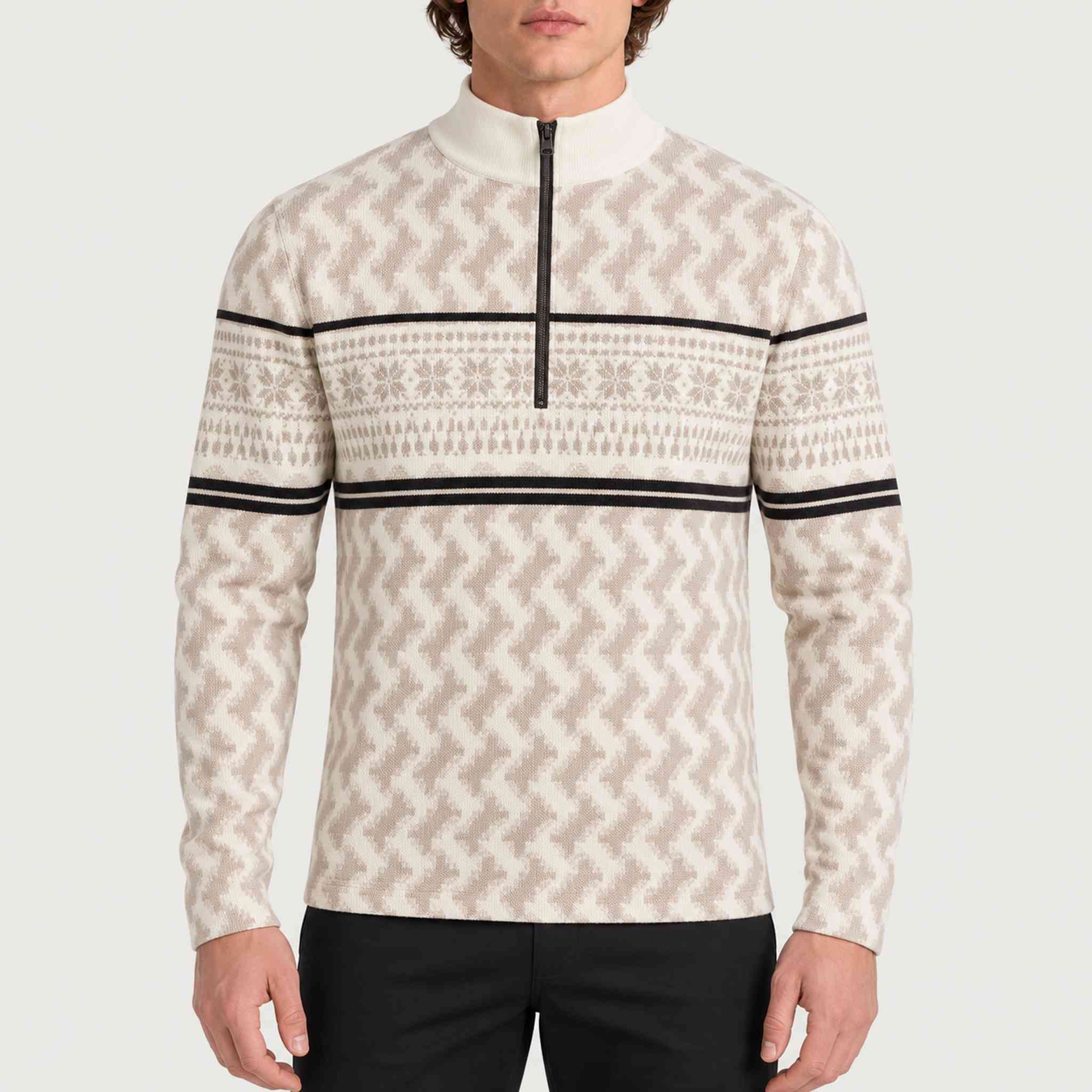 Newland mens Inuvik Half Zip in Off White/Stone - model front. AI-generated from supplied artwork.