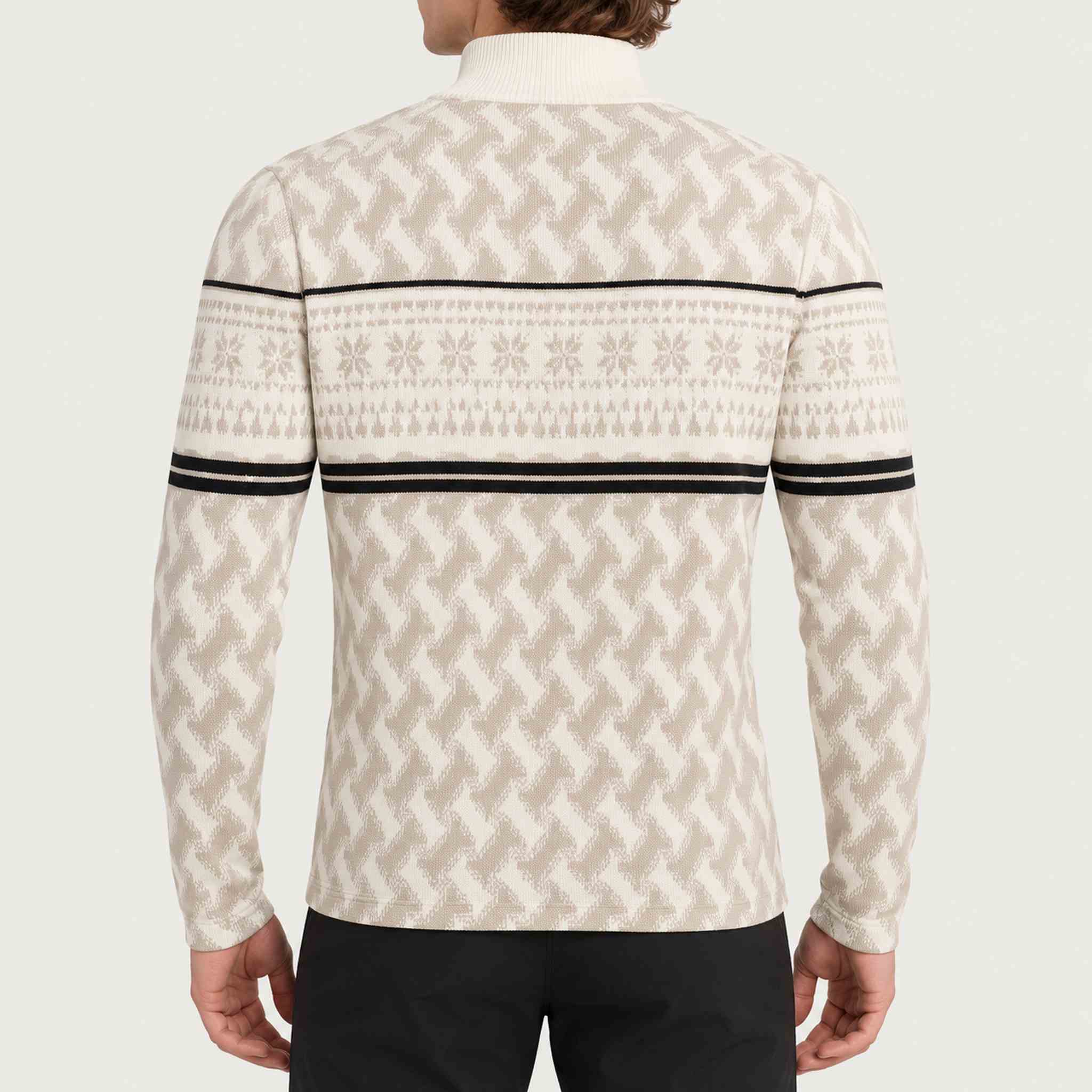 Newland mens Inuvik Half Zip in Off White/Stone - model back. AI-generated from supplied artwork.