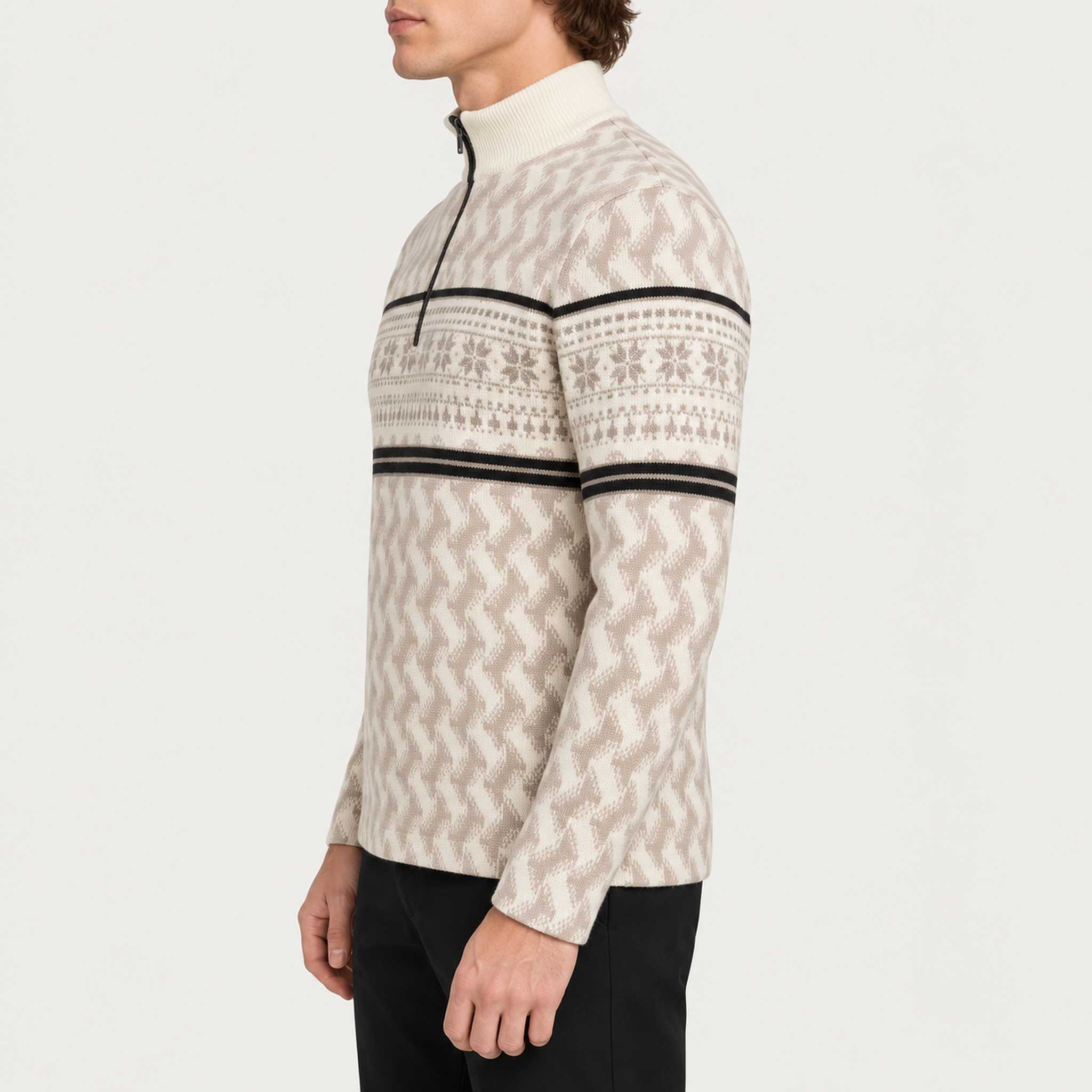 Newland mens Inuvik Half Zip in Off White/Stone - model side. AI-generated from supplied artwork.